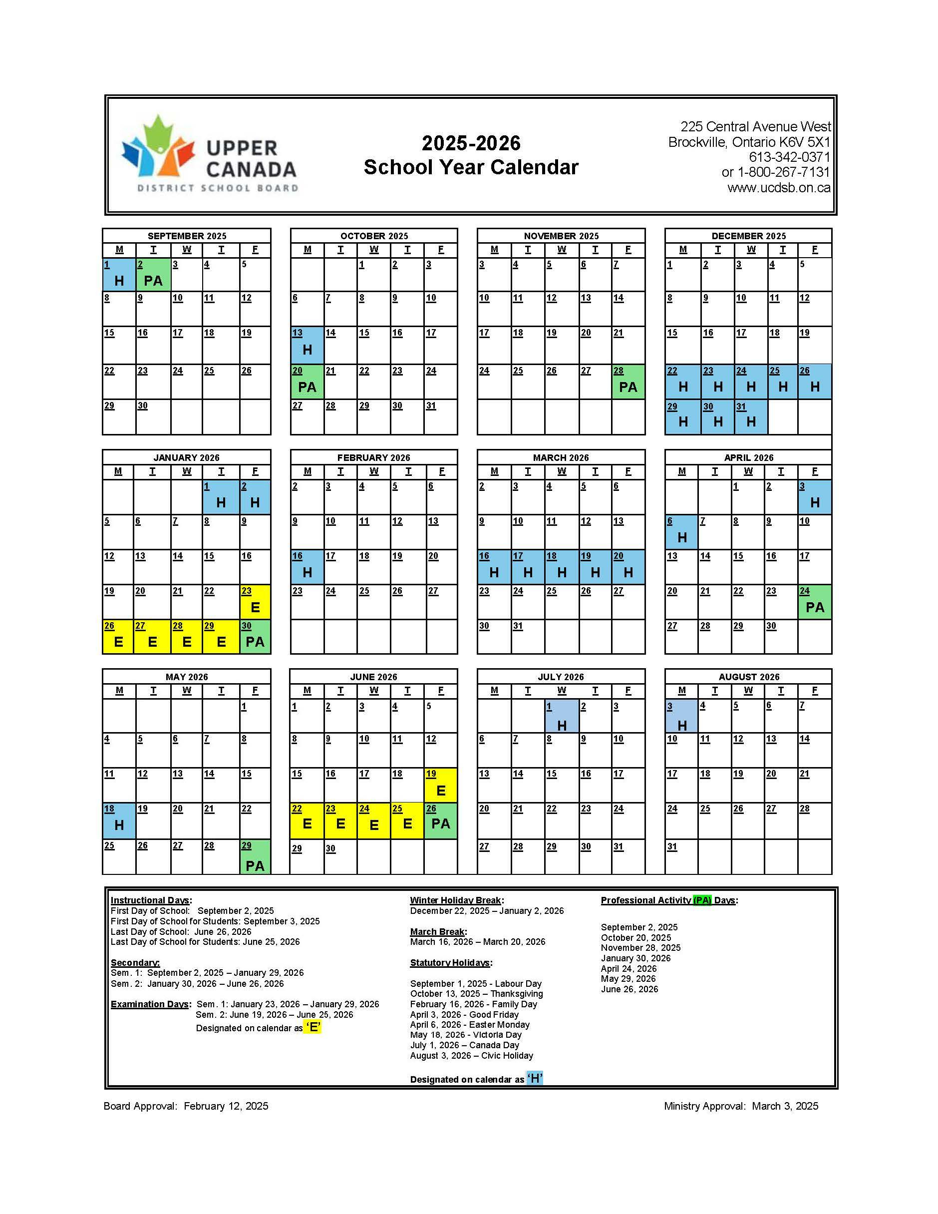 Approved 2025-2026 School Year Calendar - Upper Canada District with regard to Ottawa Catholic School Board Calendar 2026