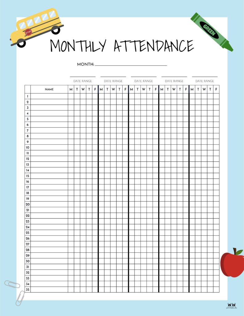 Attendance Sheets - 52 Free Printables | Printabulls in Class Attendance Register 2026