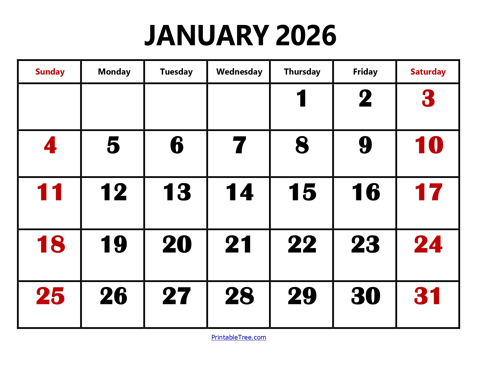 Blank January 2026 Calendar Printable Pdf Templates for 2026 January Printable Calendar