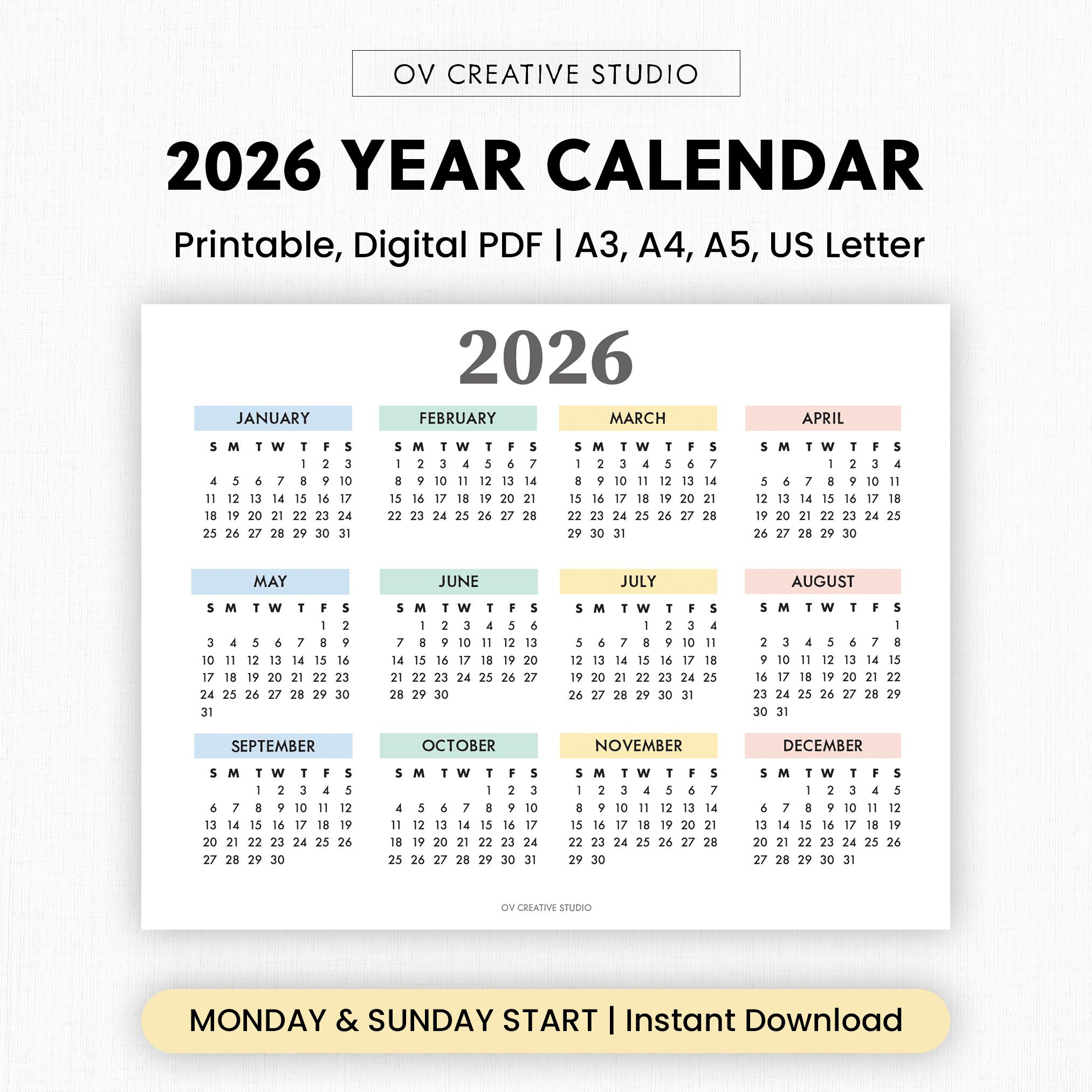 Buy 2026 Year Calendar Printable | Year At A Glance | Digital pertaining to At a Glance Calendars For 2026
