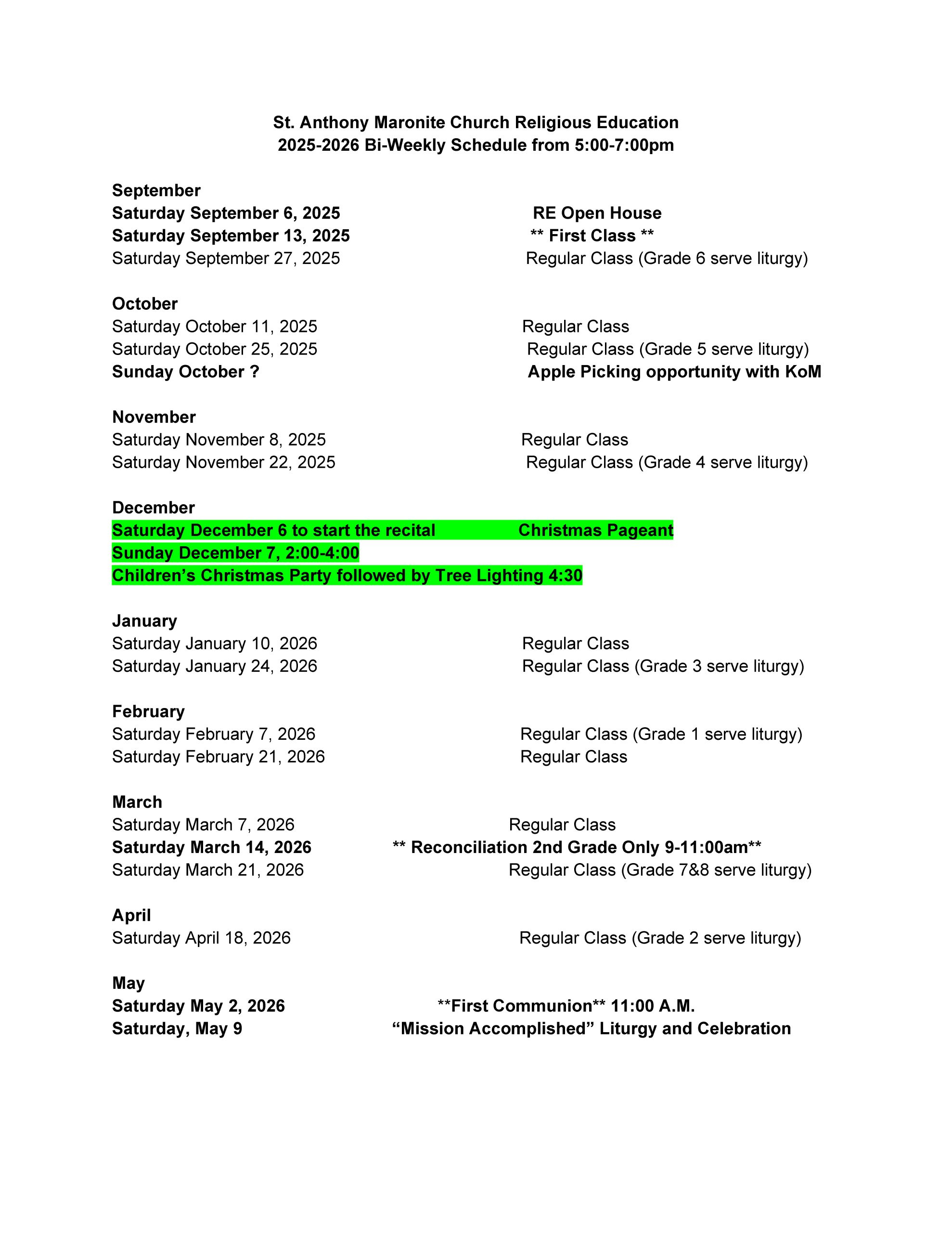 Calendar: Classes And Events – St Anthony Maronite Church in Maronite Liturgical Calendar 2026