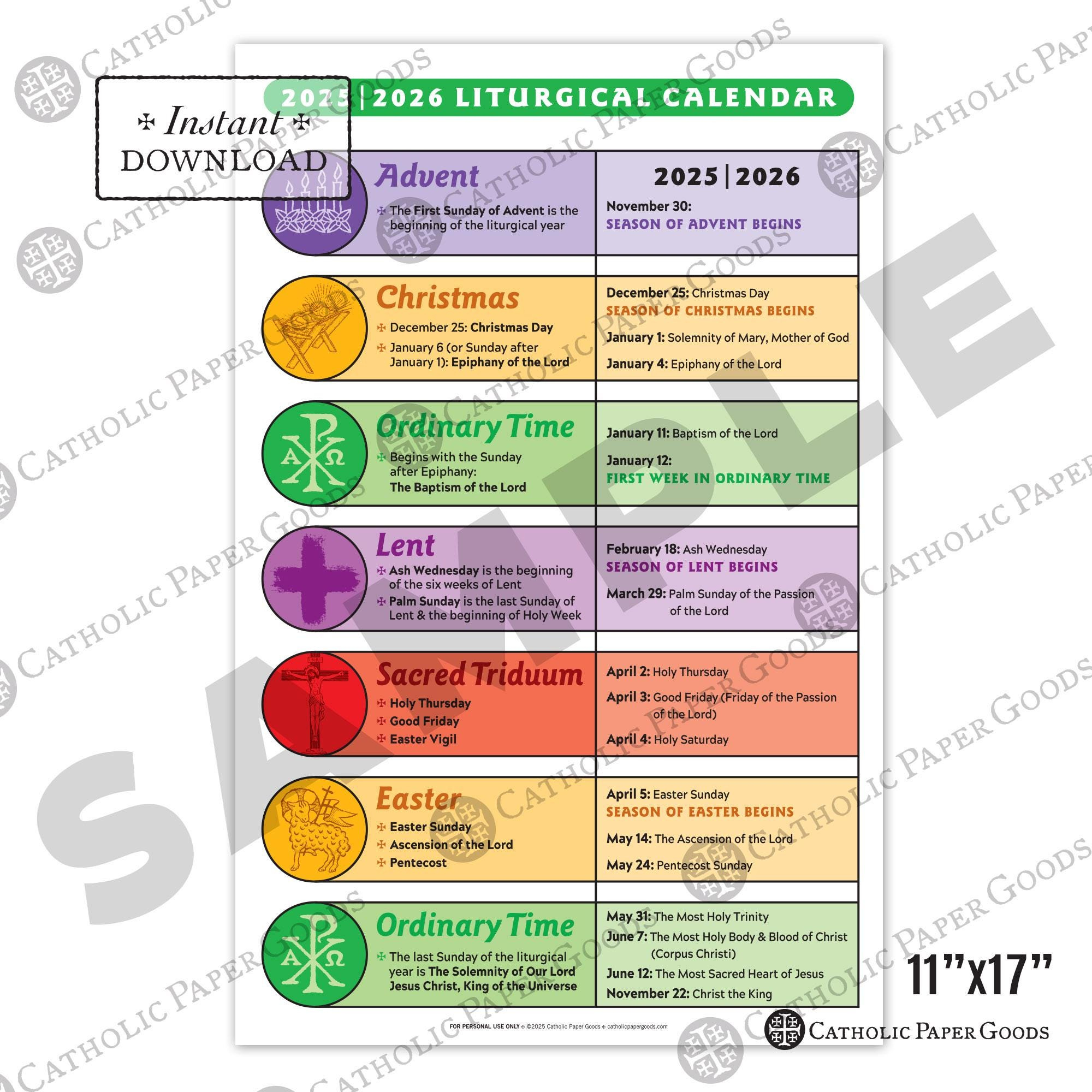 Catholic Liturgical Calendar 2025-26: 11X17 Color Poster (Digital for Liturgical Color Calendar 2026