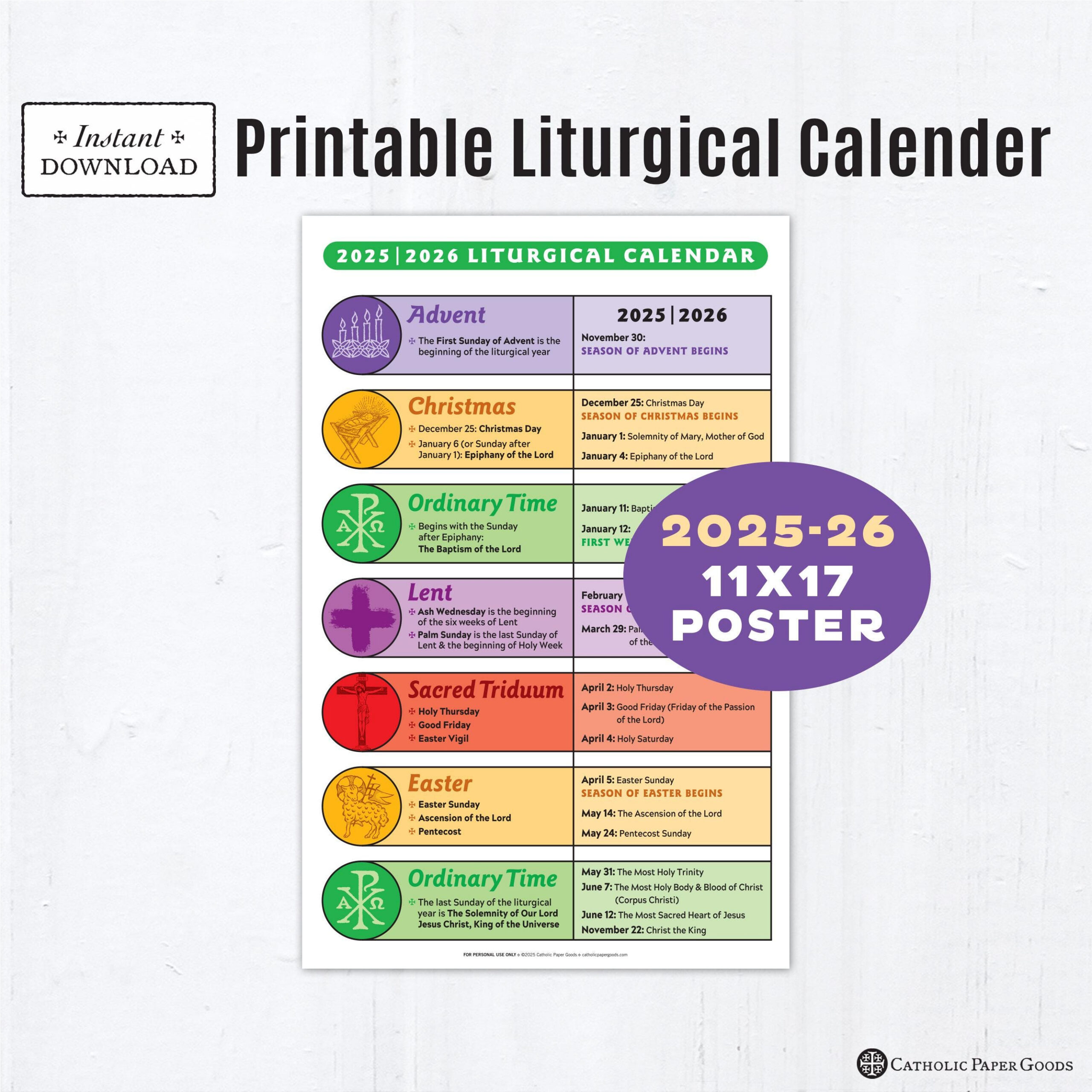 Catholic Liturgical Calendar 2025-26: 11X17 Color Poster (Digital regarding Liturgical Calendar 2026 Philippines