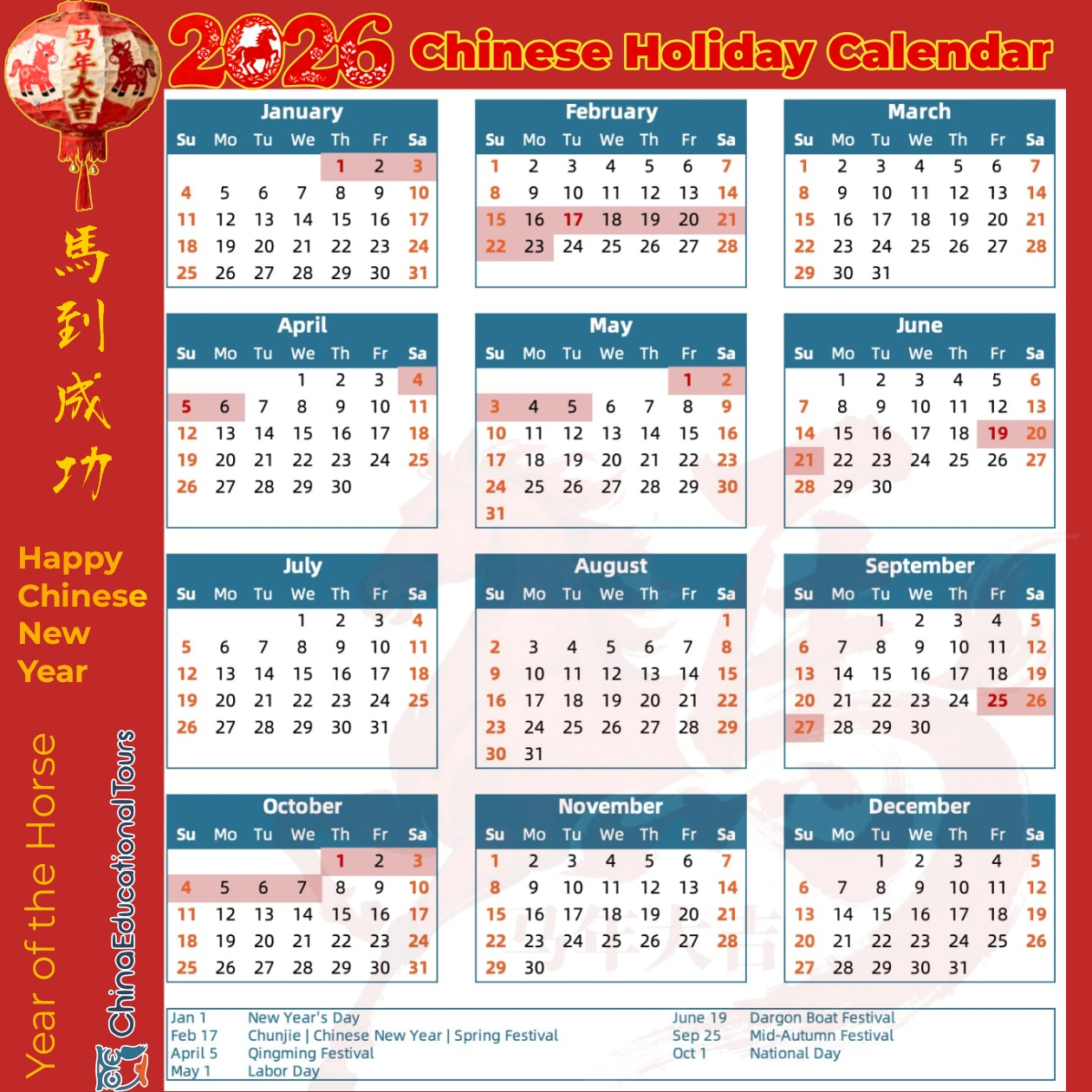 China Public Holiday Calendar In 2026 - Holidays In China with China Working Calendar 2026