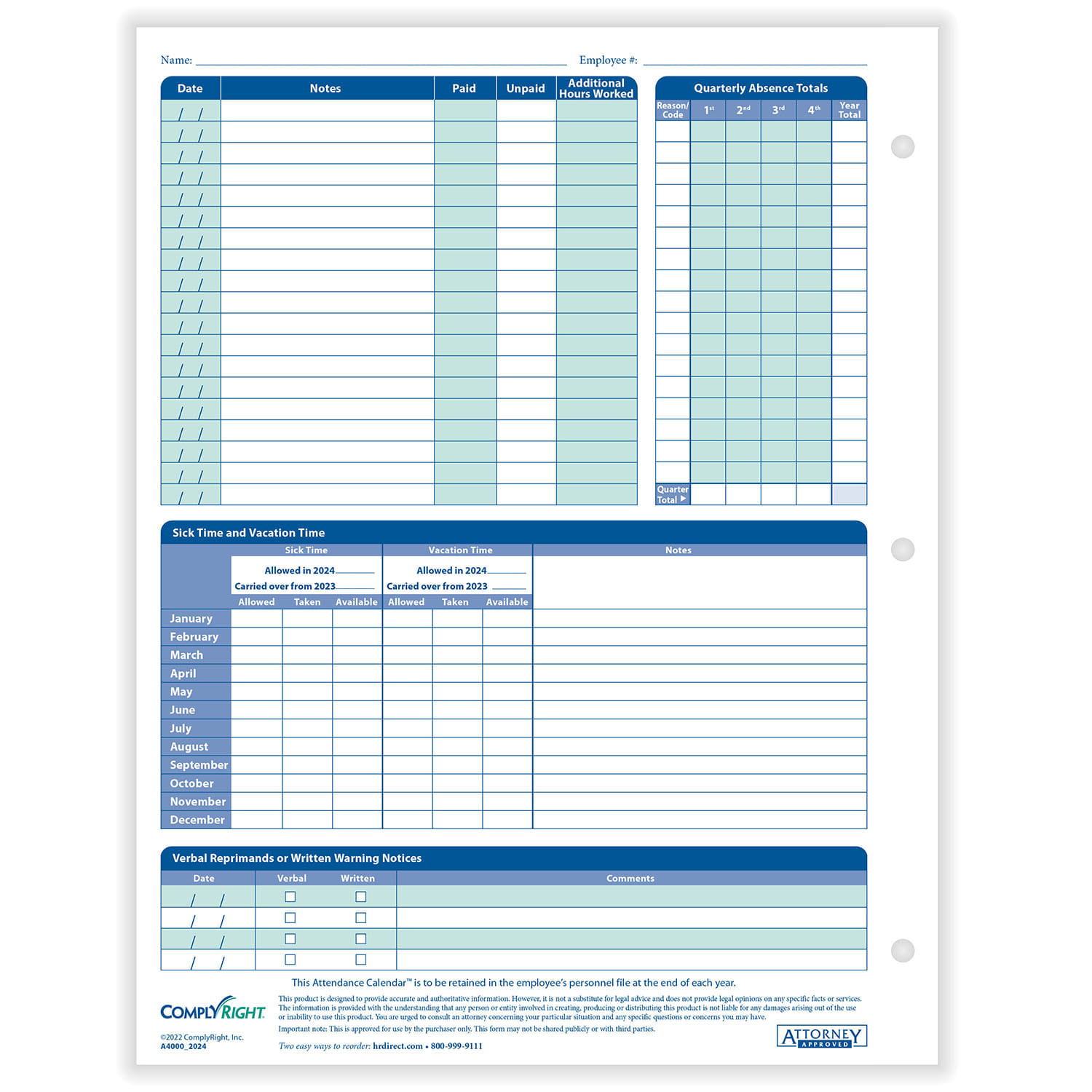 Complyright 2026 Attendance Calendar – 25/Pk intended for 2026 Attendance Calendar