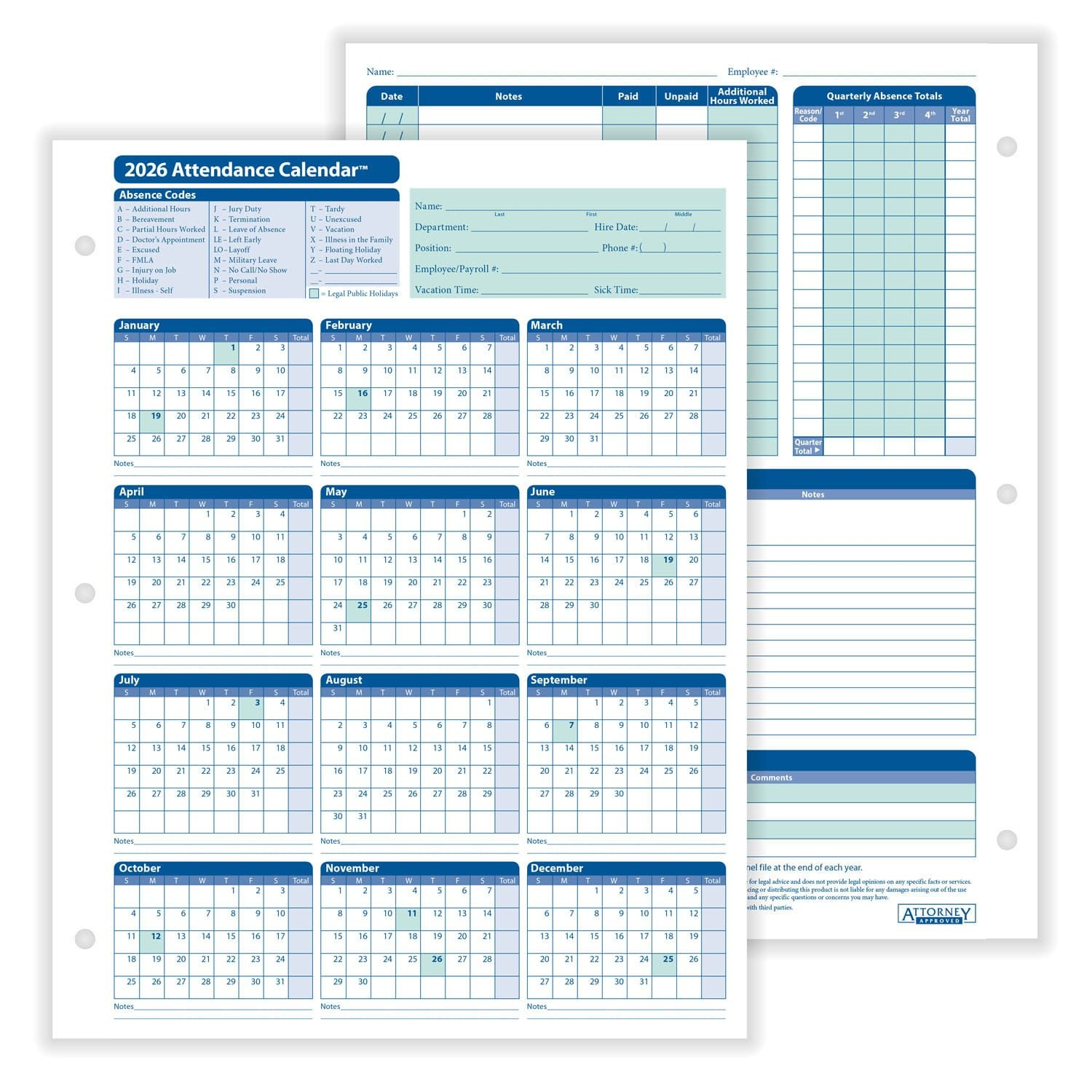 Complyright 2026 Attendance Calendar In White - 50/Pack with Complyright Attendance Calendar 2026