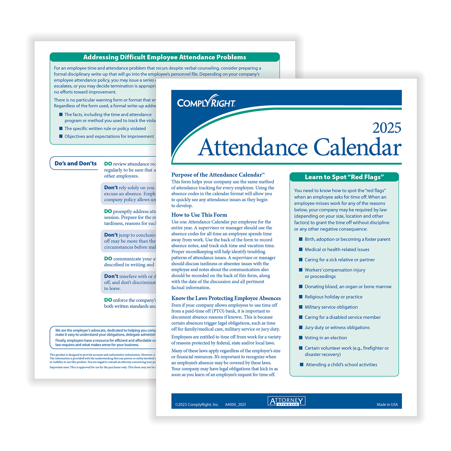Complyright 2026 Attendance Calendar Set, 50 Forms/Pack (A1411W16Pk50 for Complyright Attendance Calendar 2026