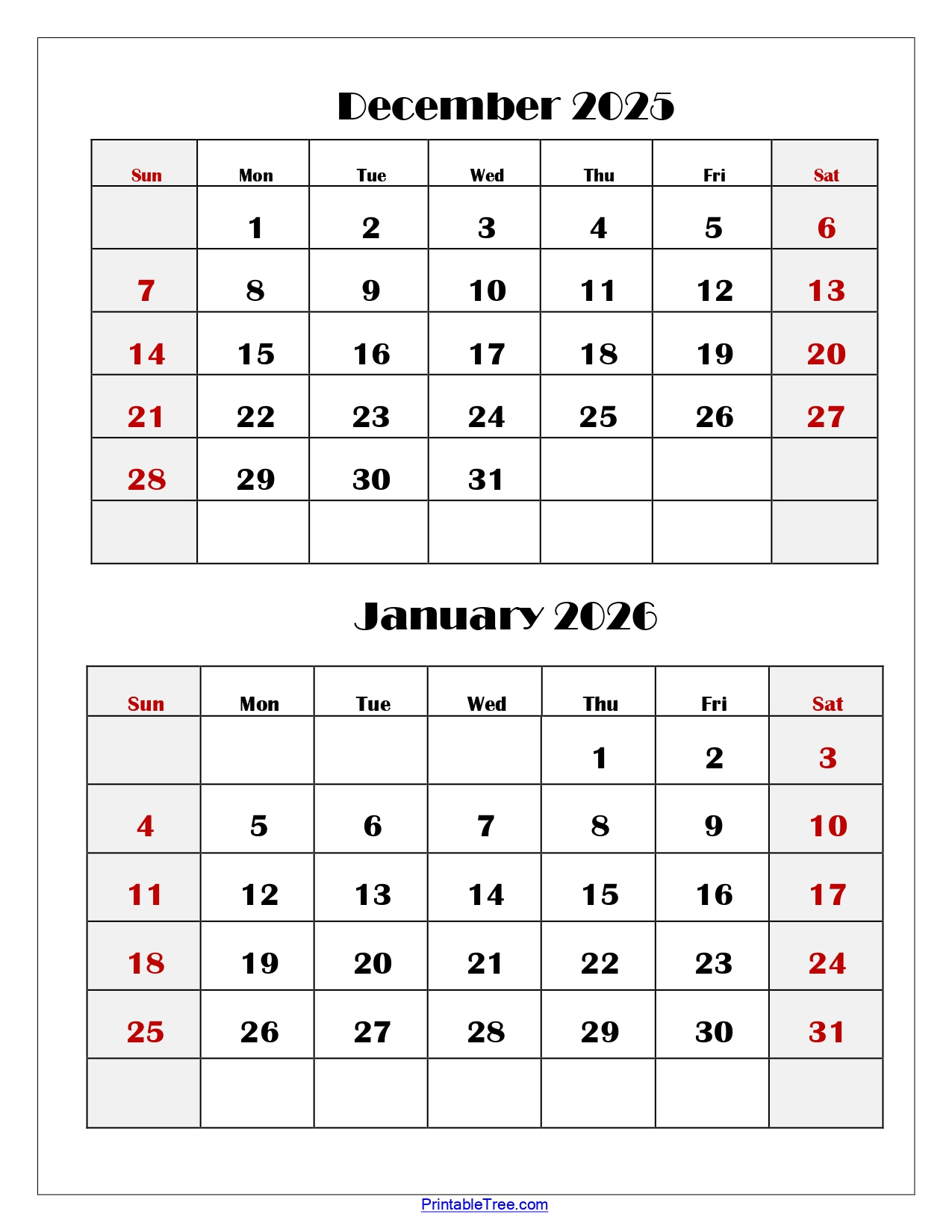 December And January 2026 Calendar Printable Pdf | Two Months Calendar intended for December 2025 - January 2026 Printable Calendar