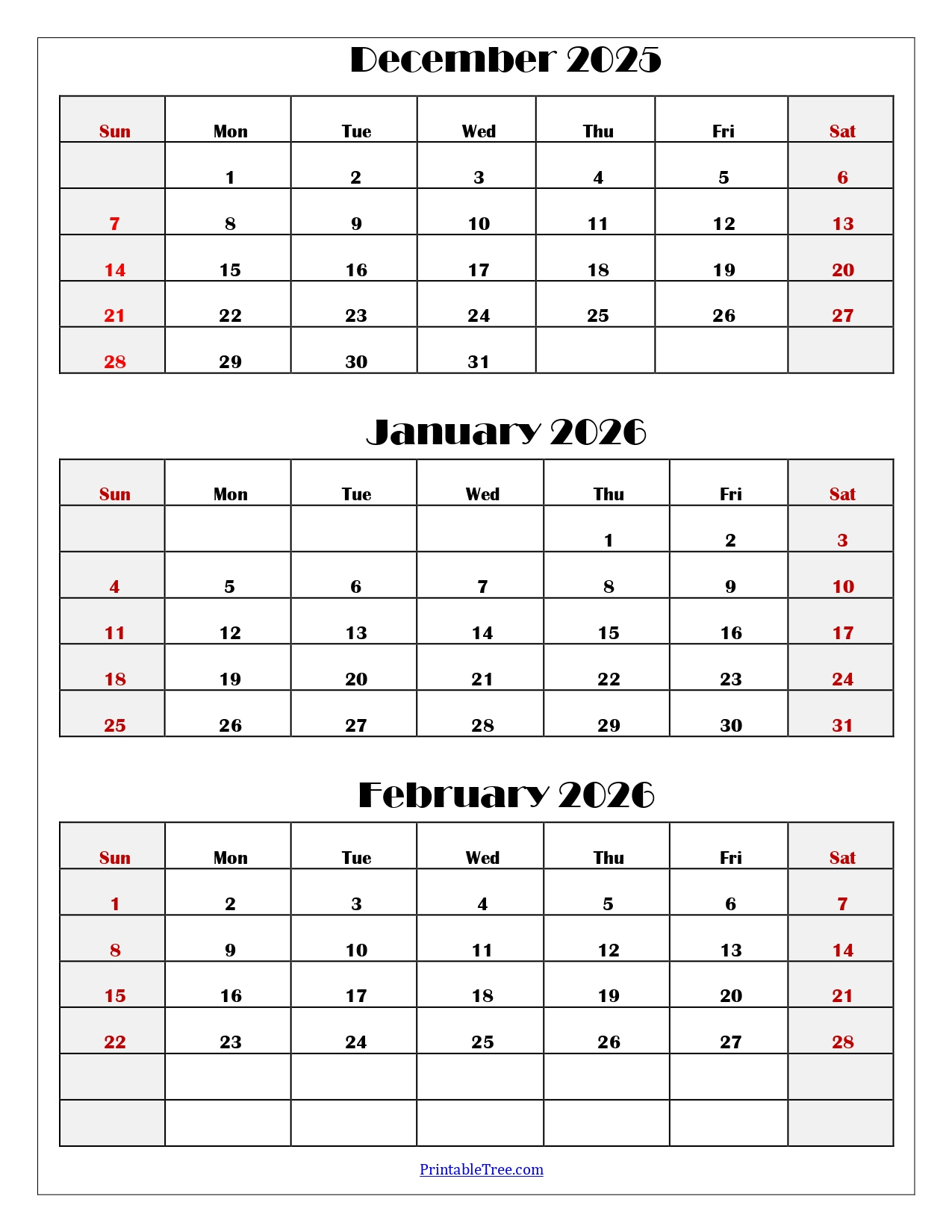 December To February 2026 Calendar Printable Pdf | Three Months in December 2025 - January 2026 February Calendar Printable