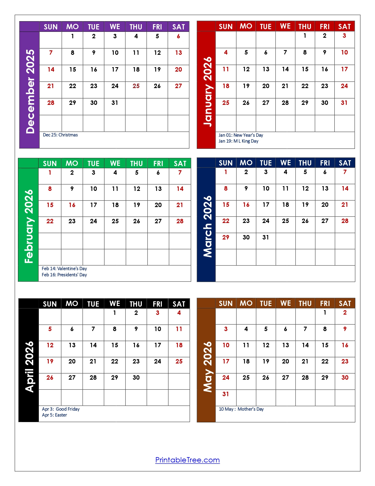 December To May 2026 Calendar Printable Pdf | Six Months Calendar with regard to Attendance Sheet May 2026