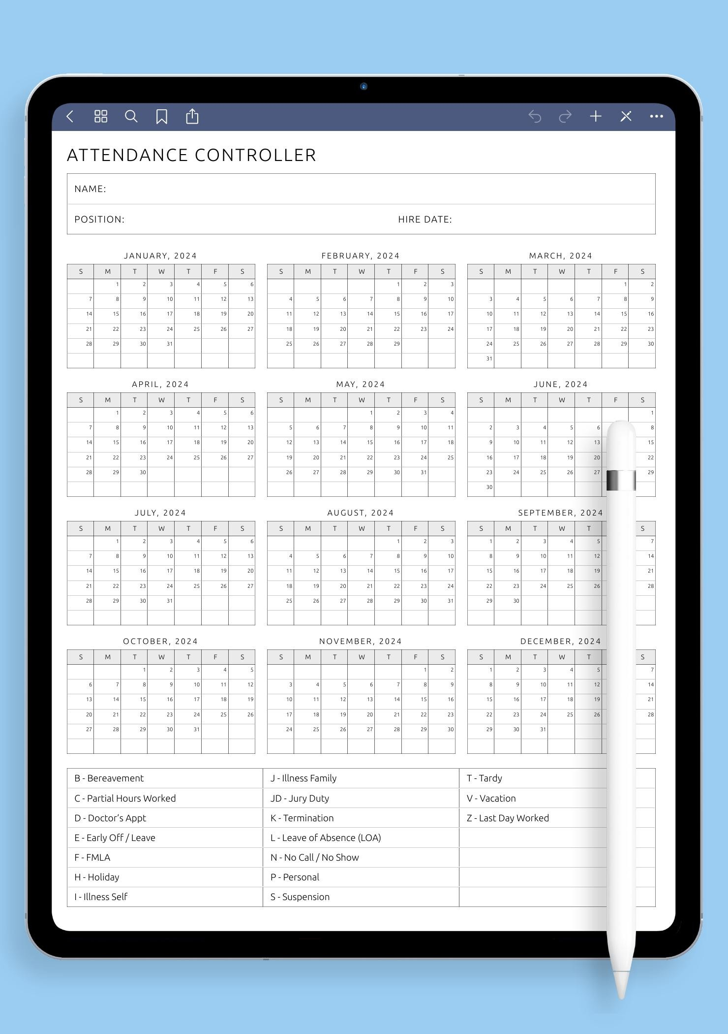 Download Printable Attendance Controller Template Pdf throughout Free Printable Employee Attendance Calendar