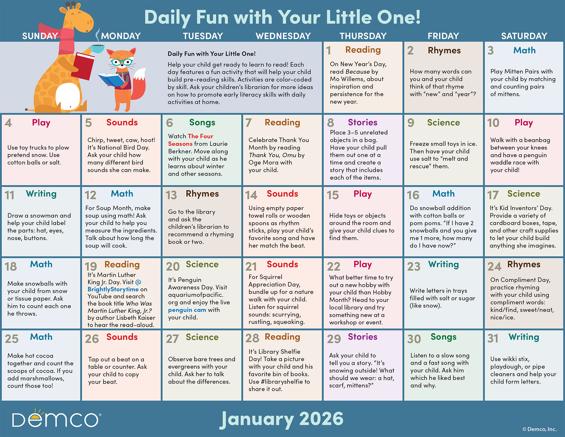 Early Literacy Activities — January 2026: Activities, Books, And More! throughout Calendar Of Activities 2026