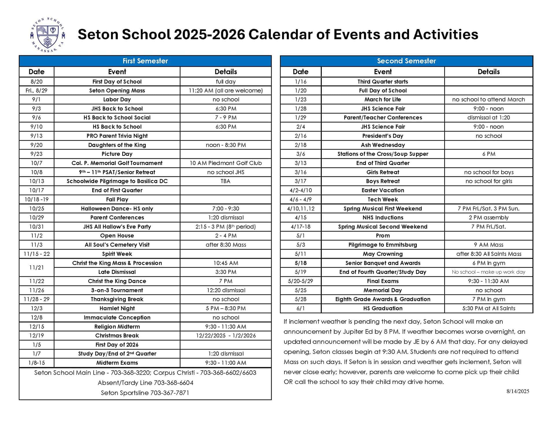 Events Calendar | Seton School Manassas throughout Seton Catholic College Calendar 2026