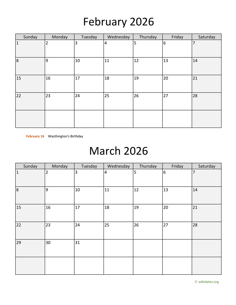 February And March 2026 Calendar | Wikidates inside Printable Calendar January February March 2026
