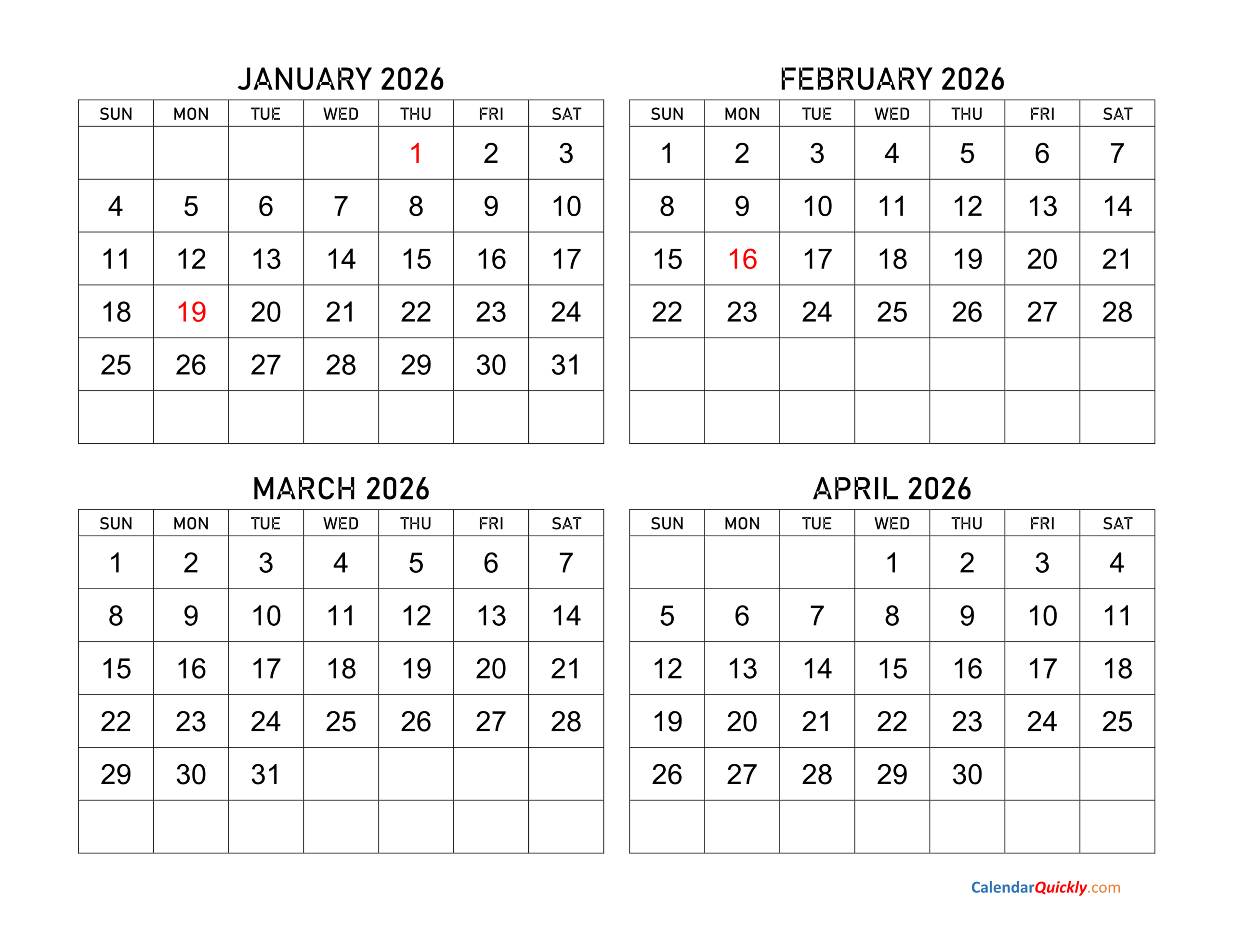 Four Months 2026 Calendar | Calendar Quickly pertaining to Printable Calendar 2026 January February March