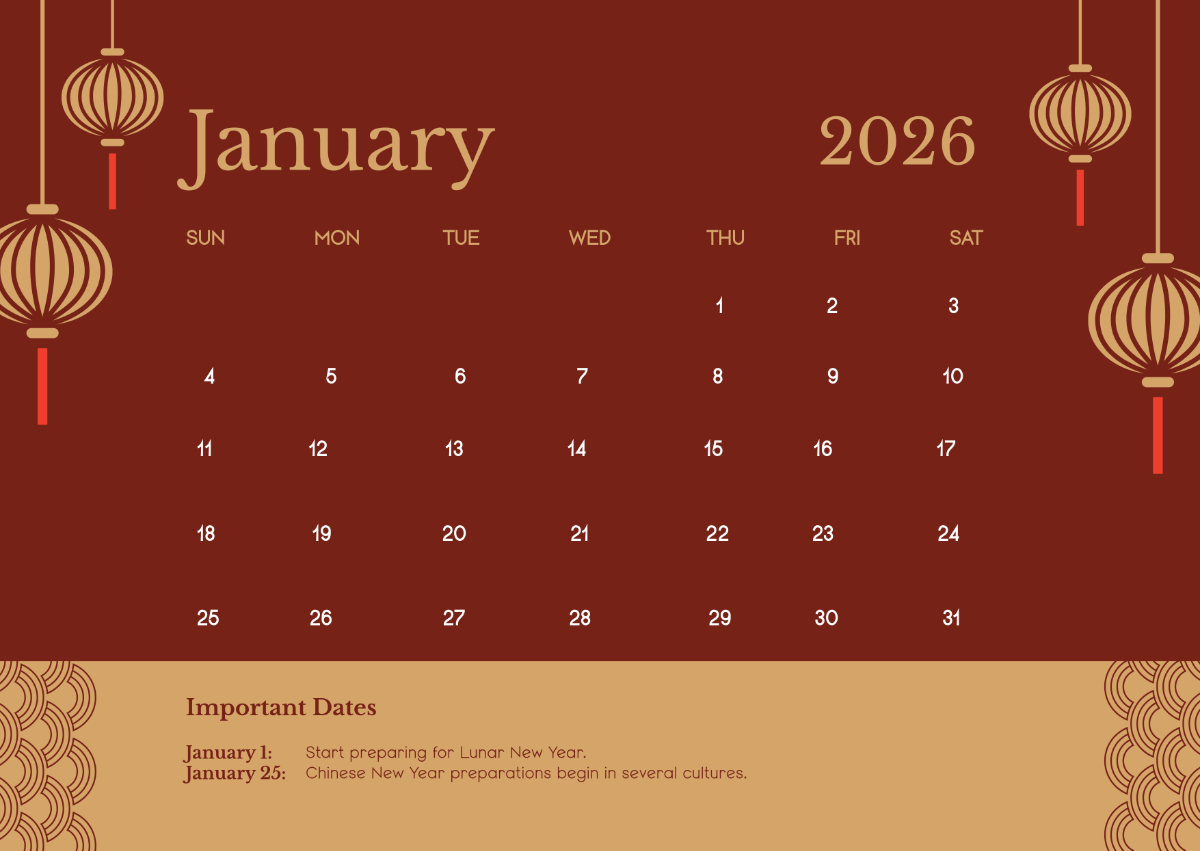 Free January 2026 Lunar Calendar Template To Edit Online within January 2026 Chinese Calendar