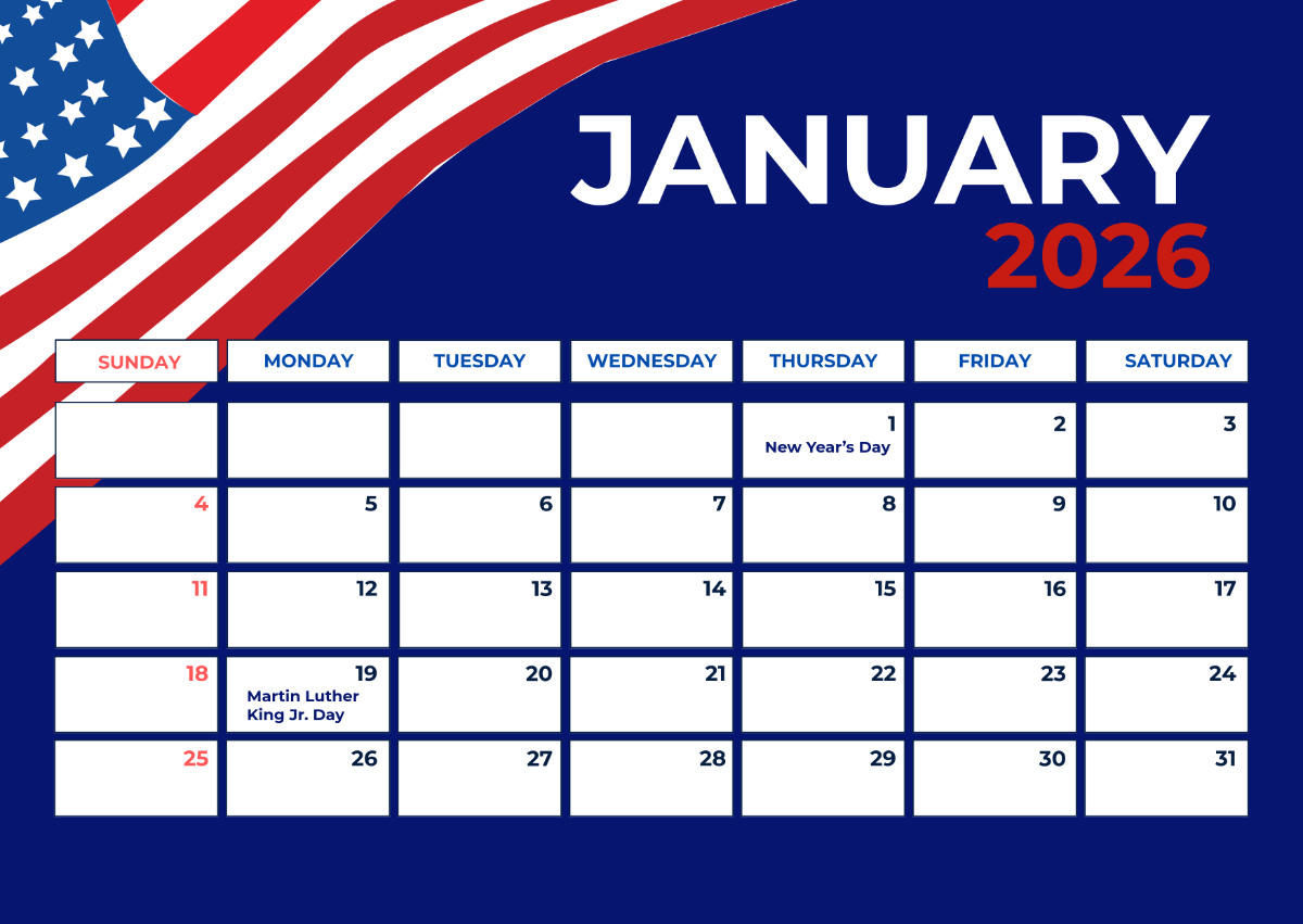 Free January 2026 Usa Calendar Template To Edit Online in Calendar For January 2026 United States