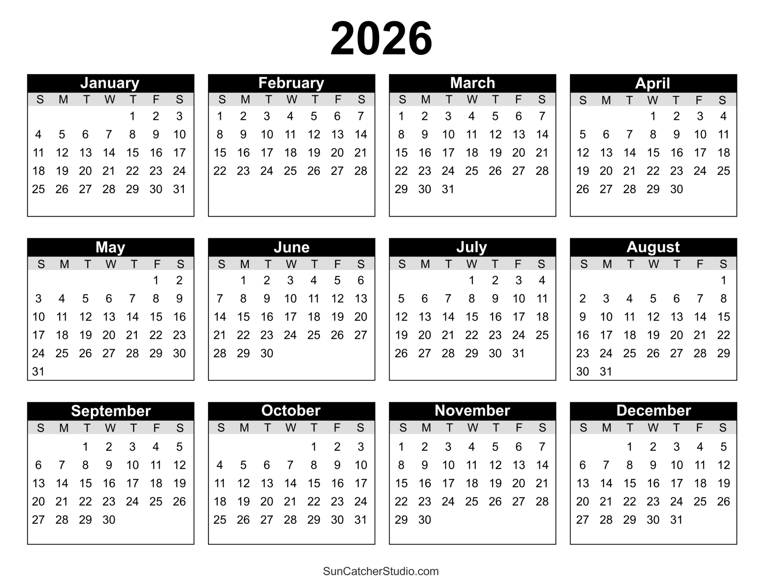 Free Printable 2026 Yearly Calendar – Free Printables, Lettering throughout At A Glance Calendars For 2026