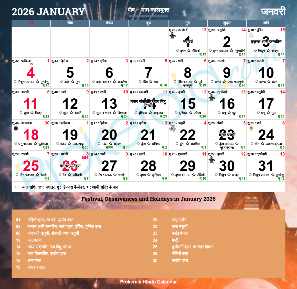 Hindu Calendar 2026, January intended for January 2026 Calendar With Indian Holidays Printable