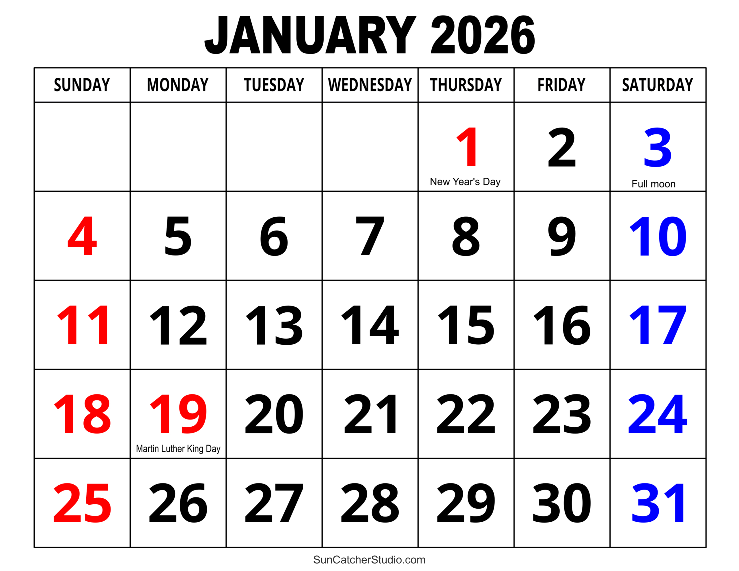 January 2026 Calendar (Free Printable) – Free Printables intended for Free Printable January 2026 Calendar Numbers