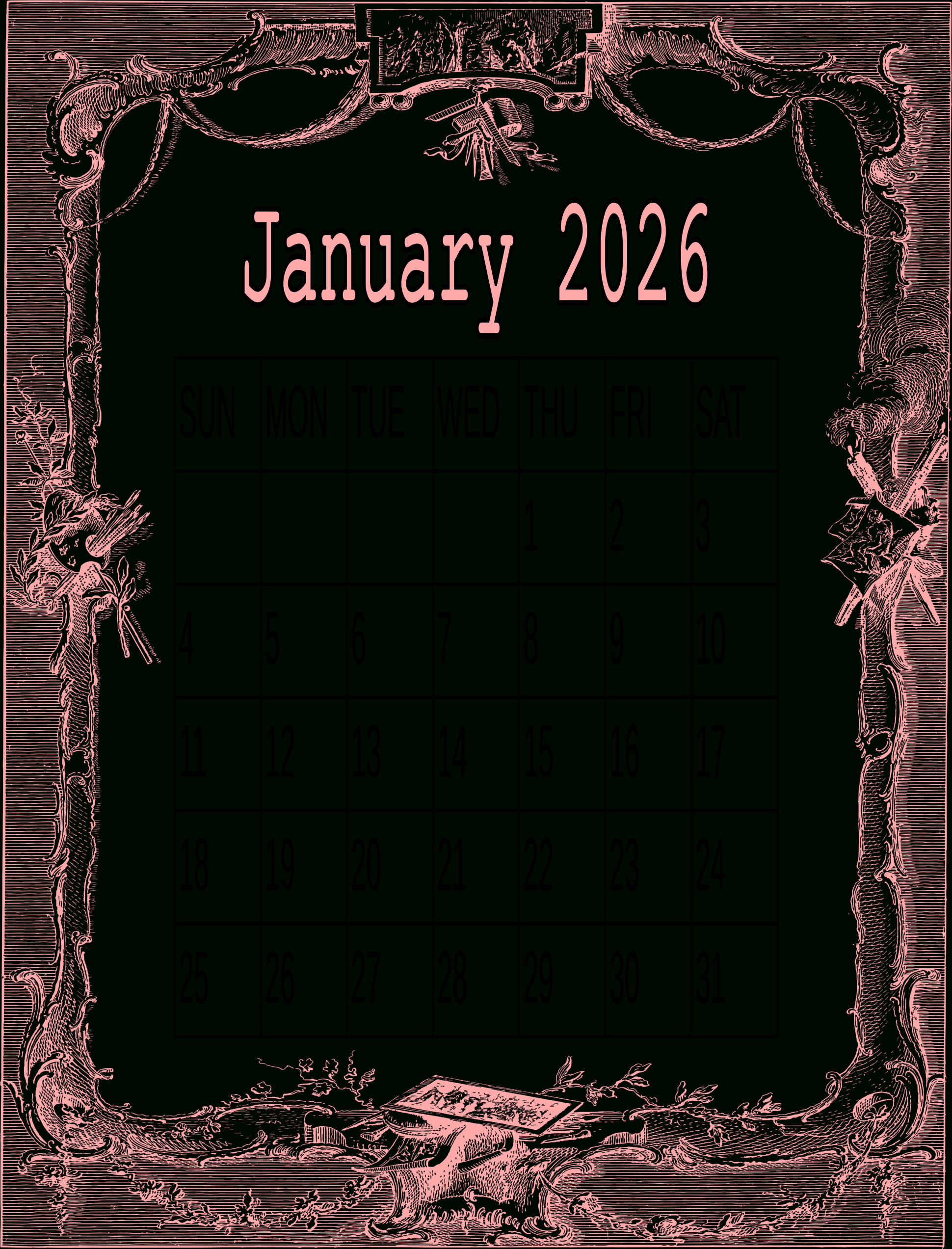 January 2026 Calendar – My Calendar Land intended for January 2026 Calendar Printable Pink