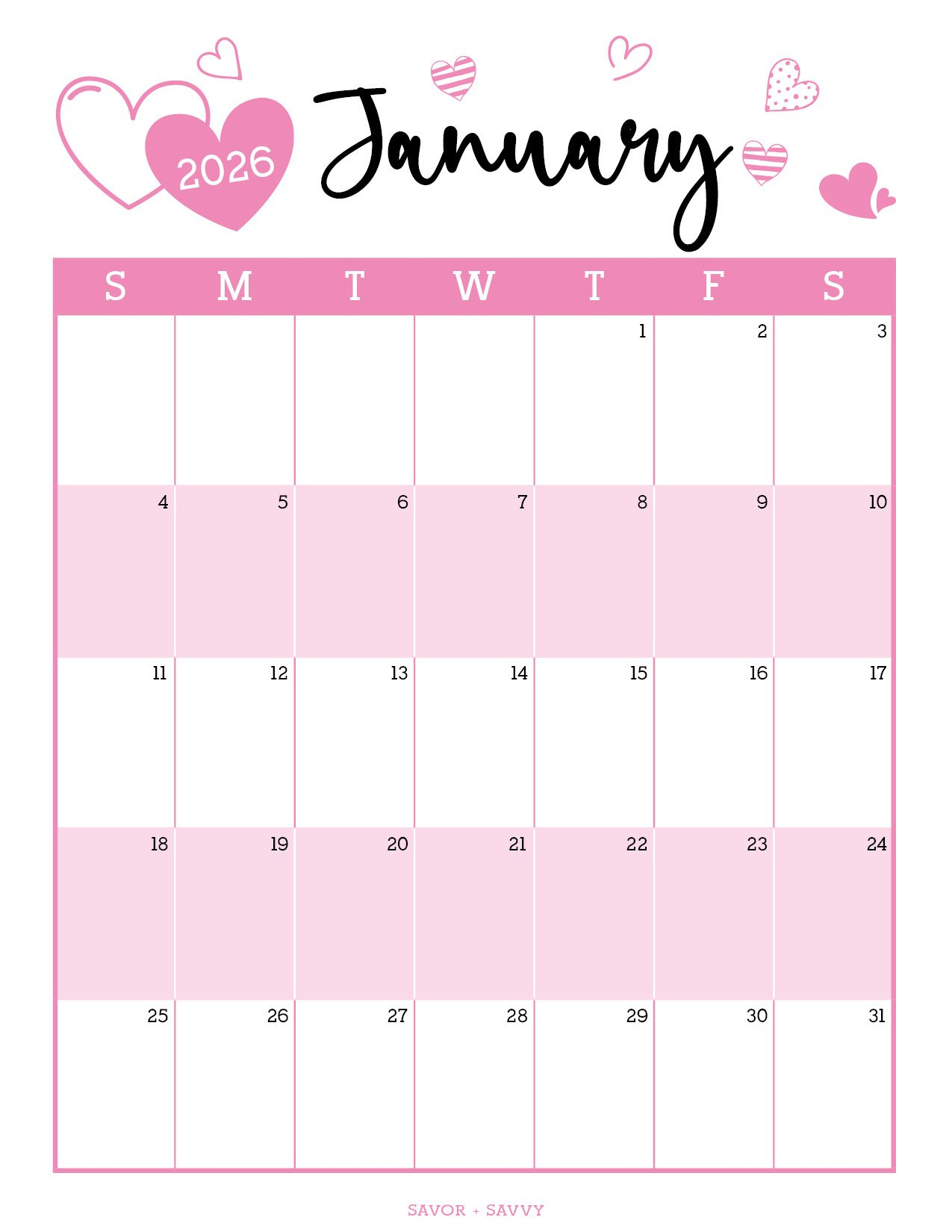 January 2026 Calendar Templates - 14 Free Printables - Savor + Savvy inside January 2026 Calendar Printable Pink