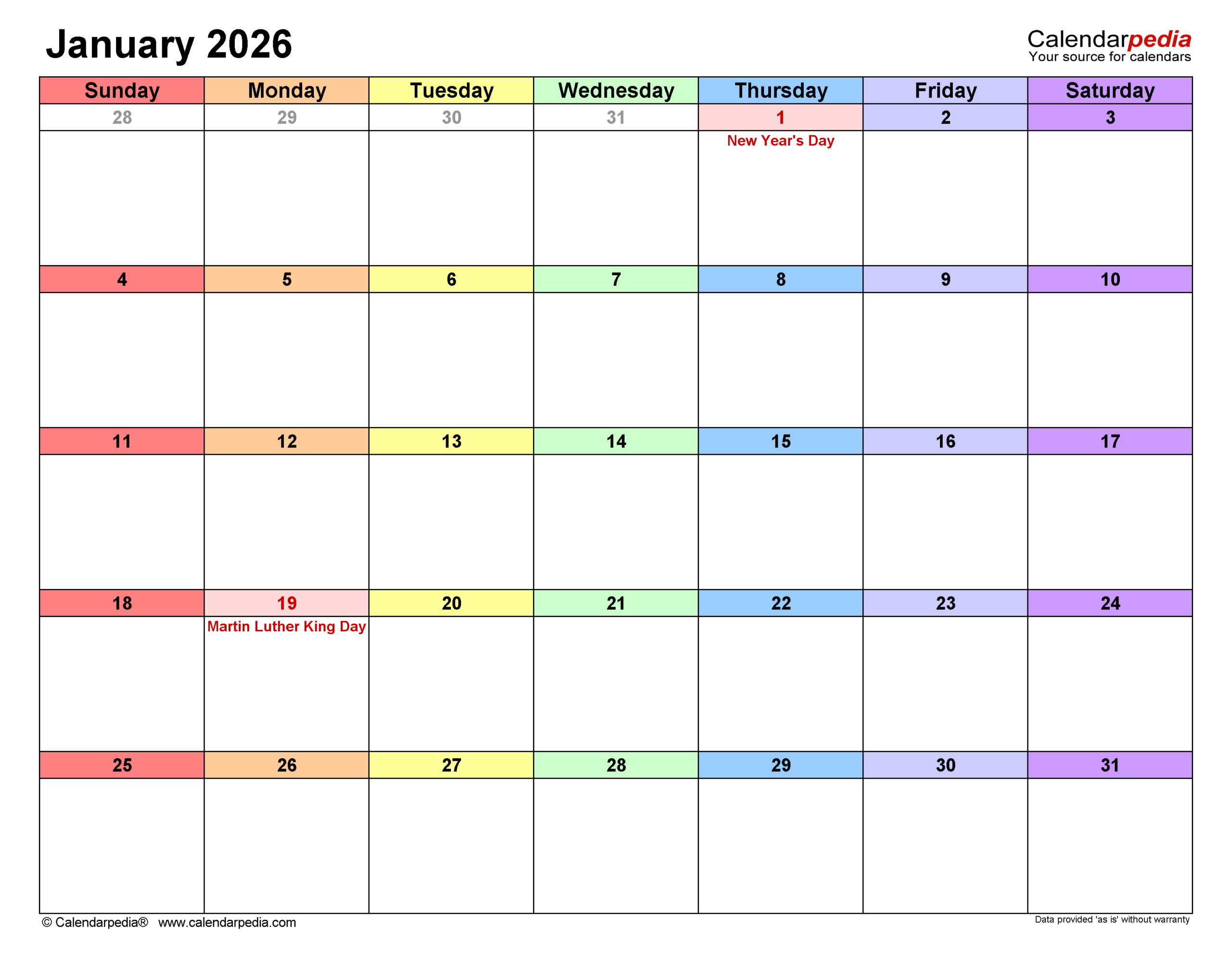 January 2026 Calendar | Templates For Pdf, Excel And Word inside Attendance Sheet January 2026