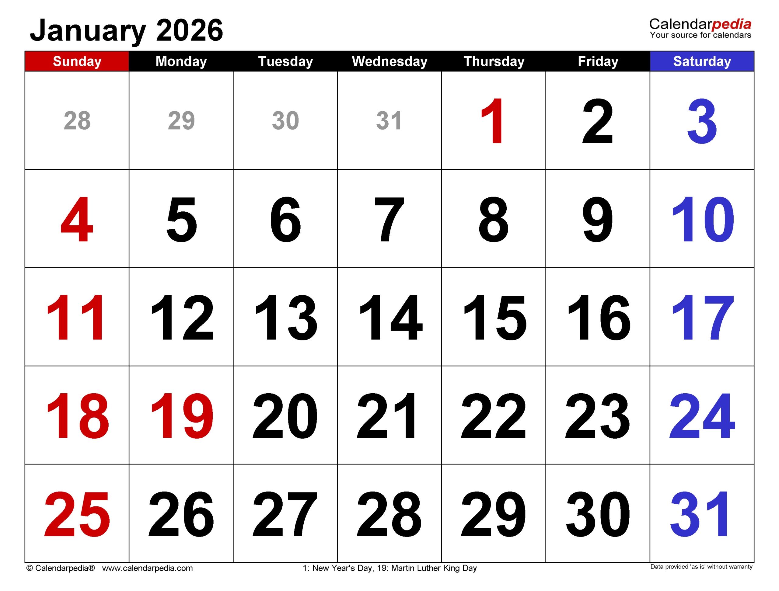 January 2026 Calendar | Templates For Pdf, Excel And Word with regard to Calendar For January 2026 United States