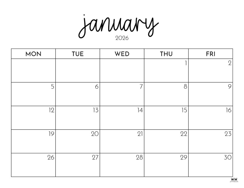 January 2026 Calendars - 123 Free Printables | Printabulls inside January 2026 Calendar Printable Coloring Pages