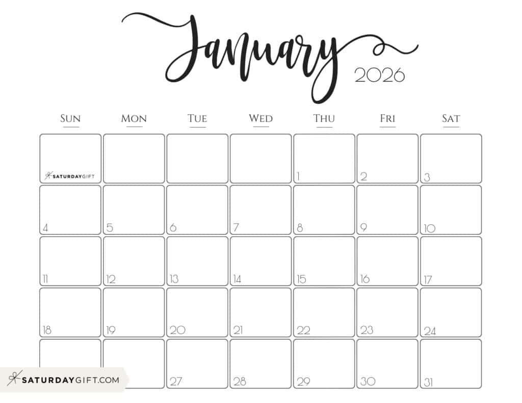 January 2026 Calendars - 23 Cute Free Printable Pdfssaturdaygift with regard to Free Printable Calendar 2026 January