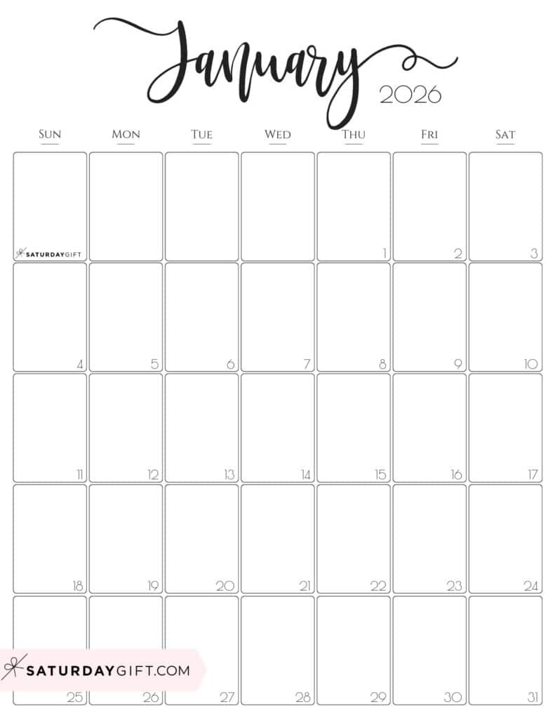 January 2026 Calendars - 23 Cute Free Printable Pdfssaturdaygift with regard to Printable Free January 2026 Calendar