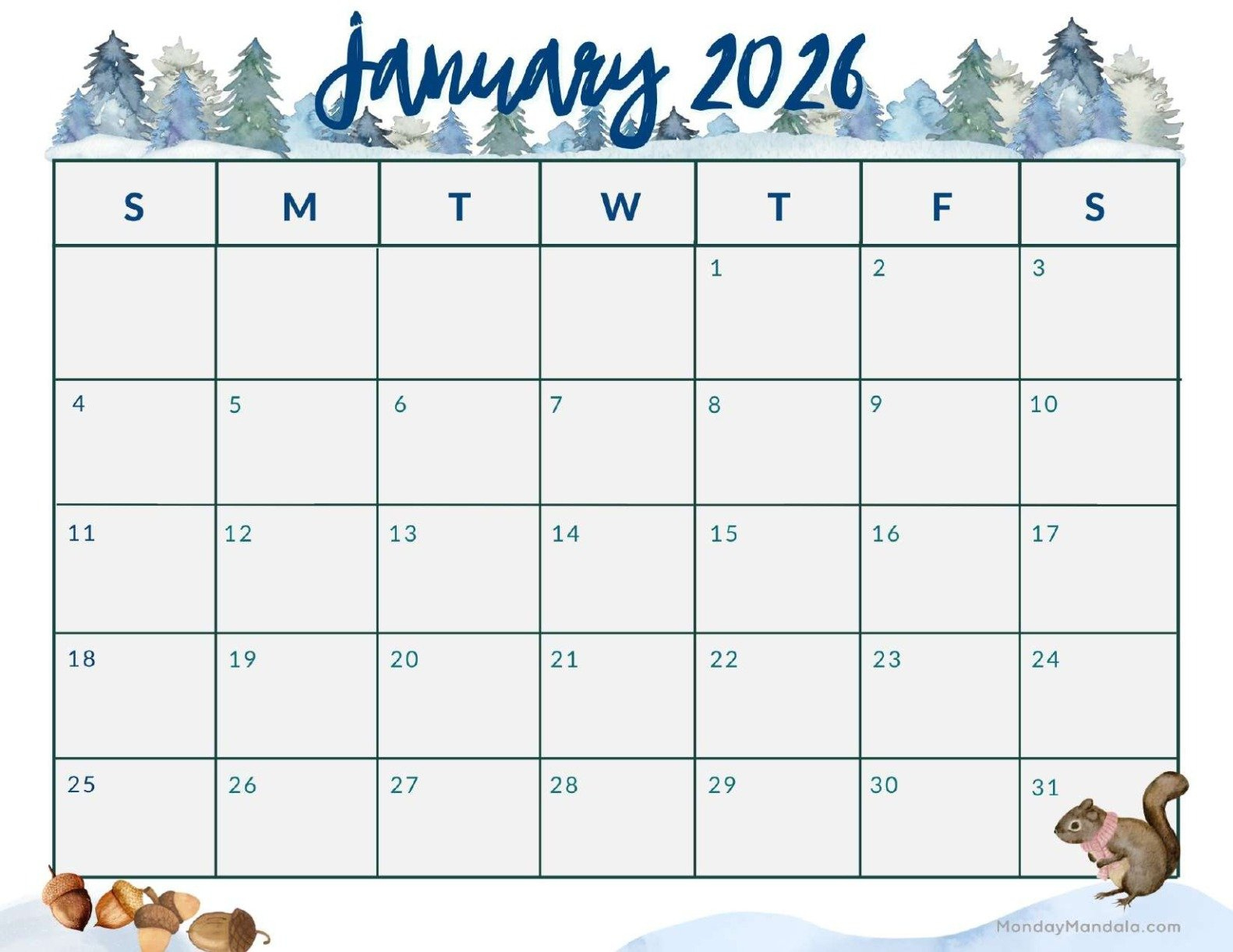 January 2026 Calendars (Free Pdf Printables) regarding January Calendar Printable 2026