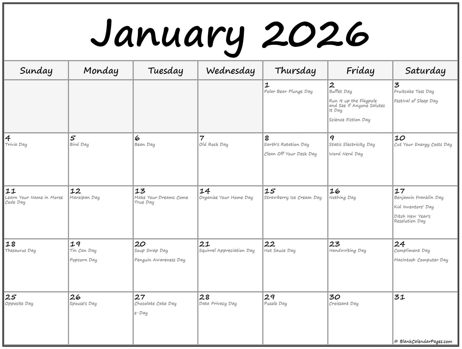 January 2026 With Holidays Calendar intended for National Day Calendar January 2026