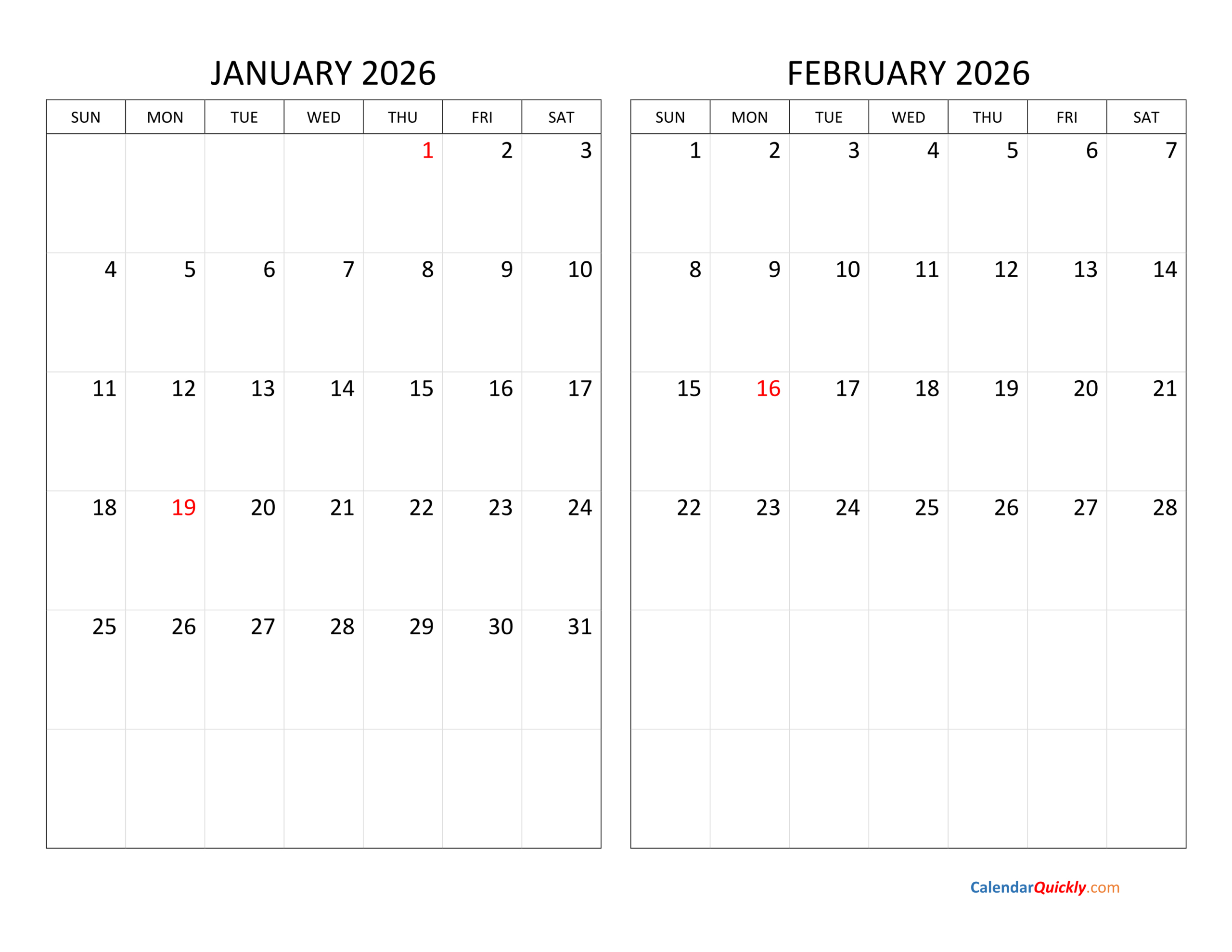 January And February 2026 Calendar | Calendar Quickly for January 2026 And February Printable Calendar