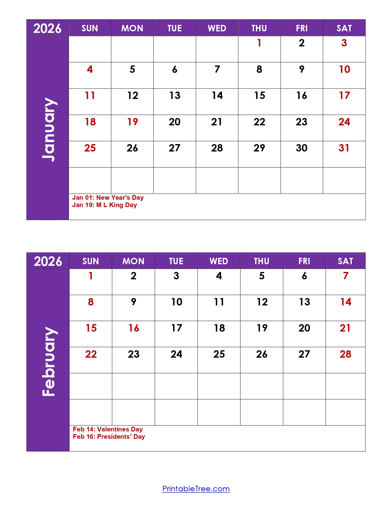 January And February 2026 Calendar Printable Pdf | 2 Month throughout January 2026 and February Printable Calendar