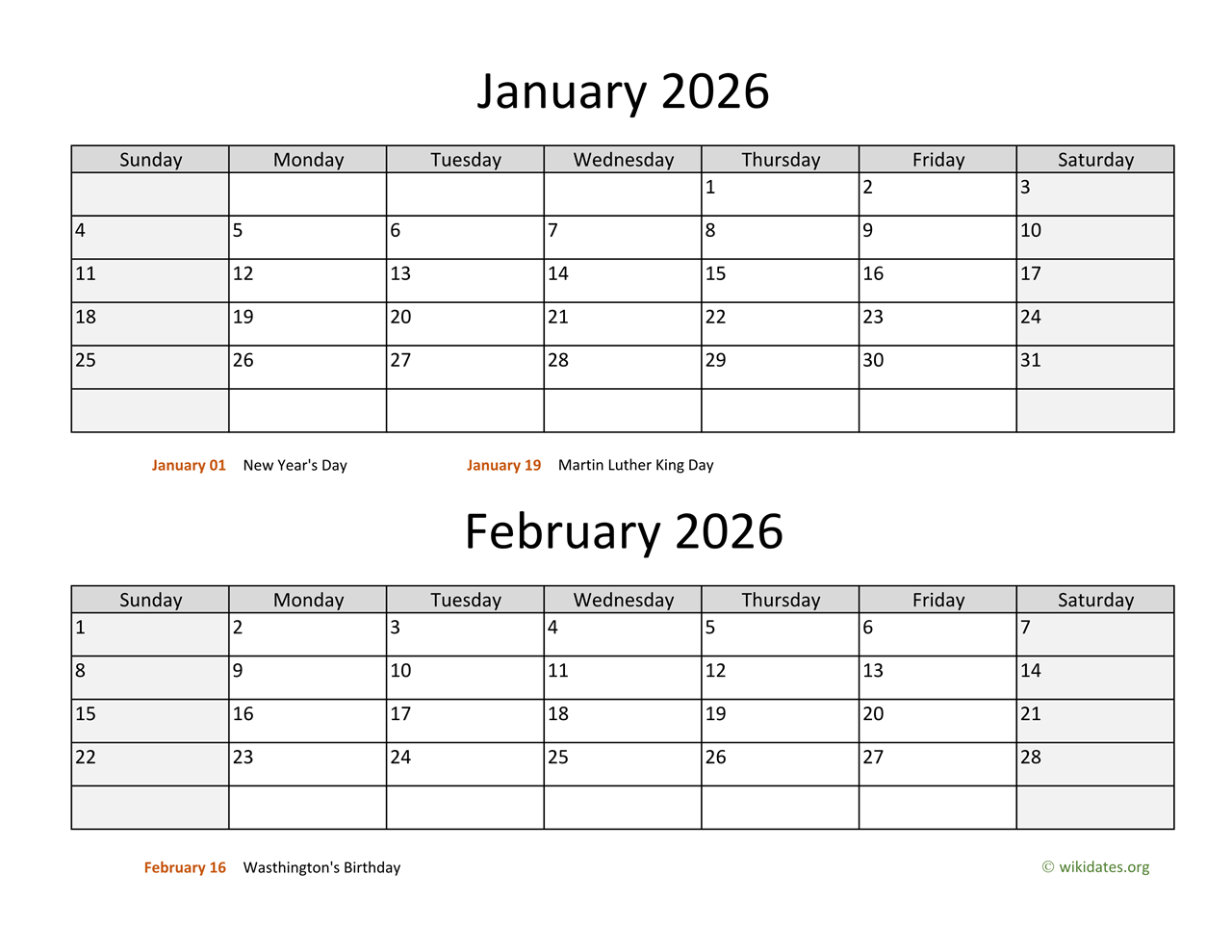 January And February 2026 Calendar | Wikidates in January 2026 and February Printable Calendar