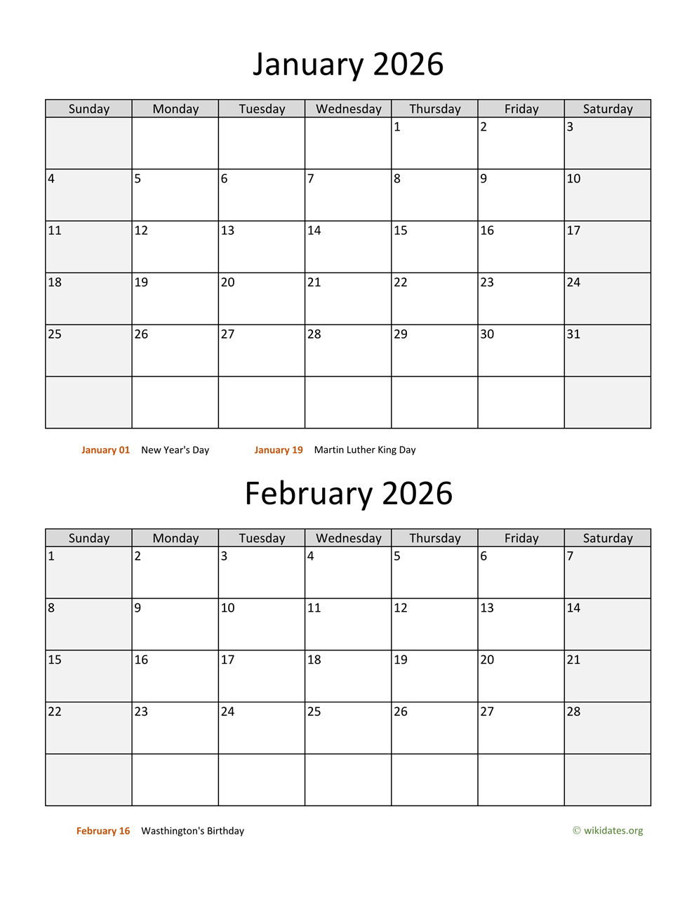 January And February 2026 Calendar | Wikidates inside January February March 2026 Calendar Printable
