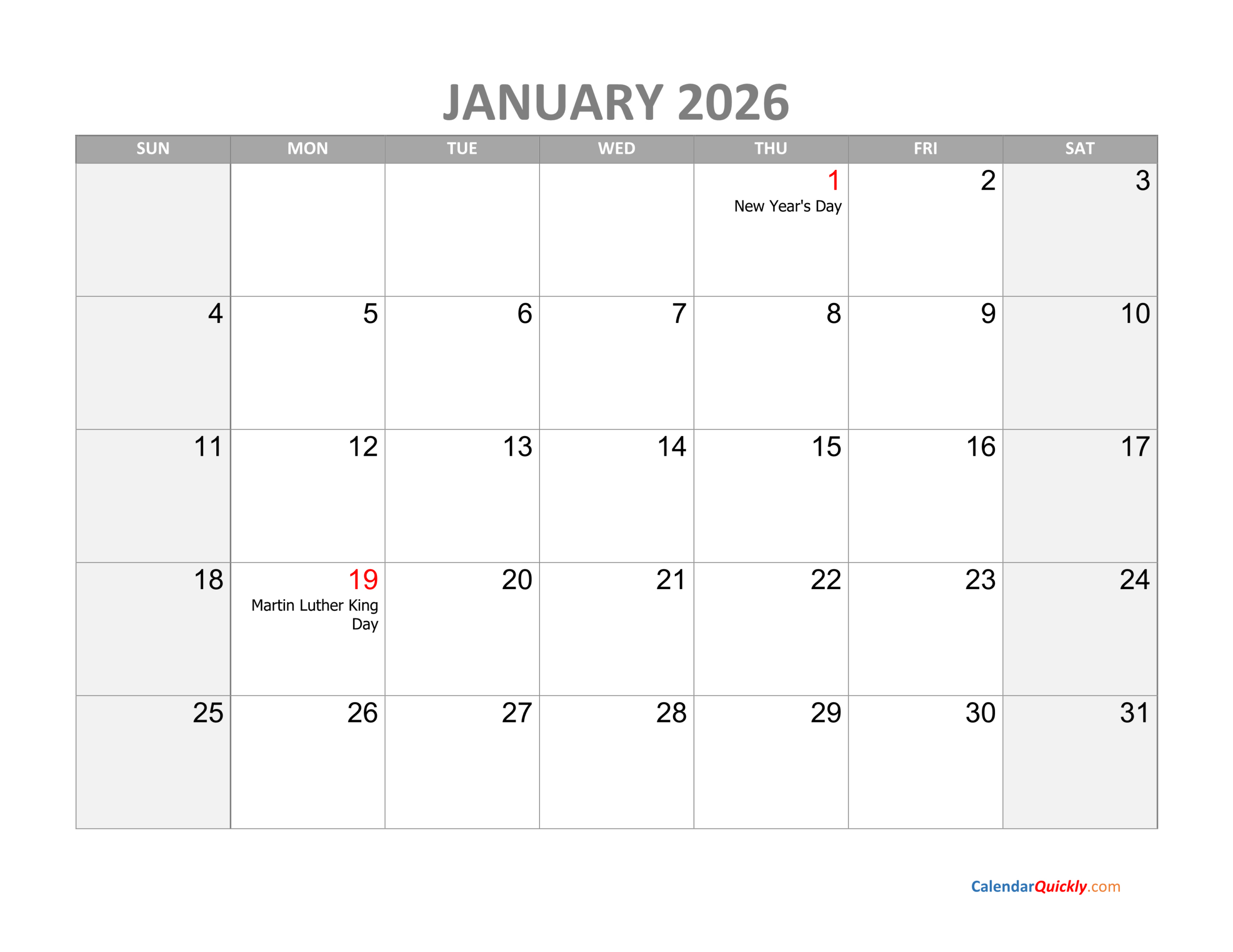 January Calendar 2026 With Holidays | Calendar Quickly pertaining to Calendar For January 2026 With Holidays