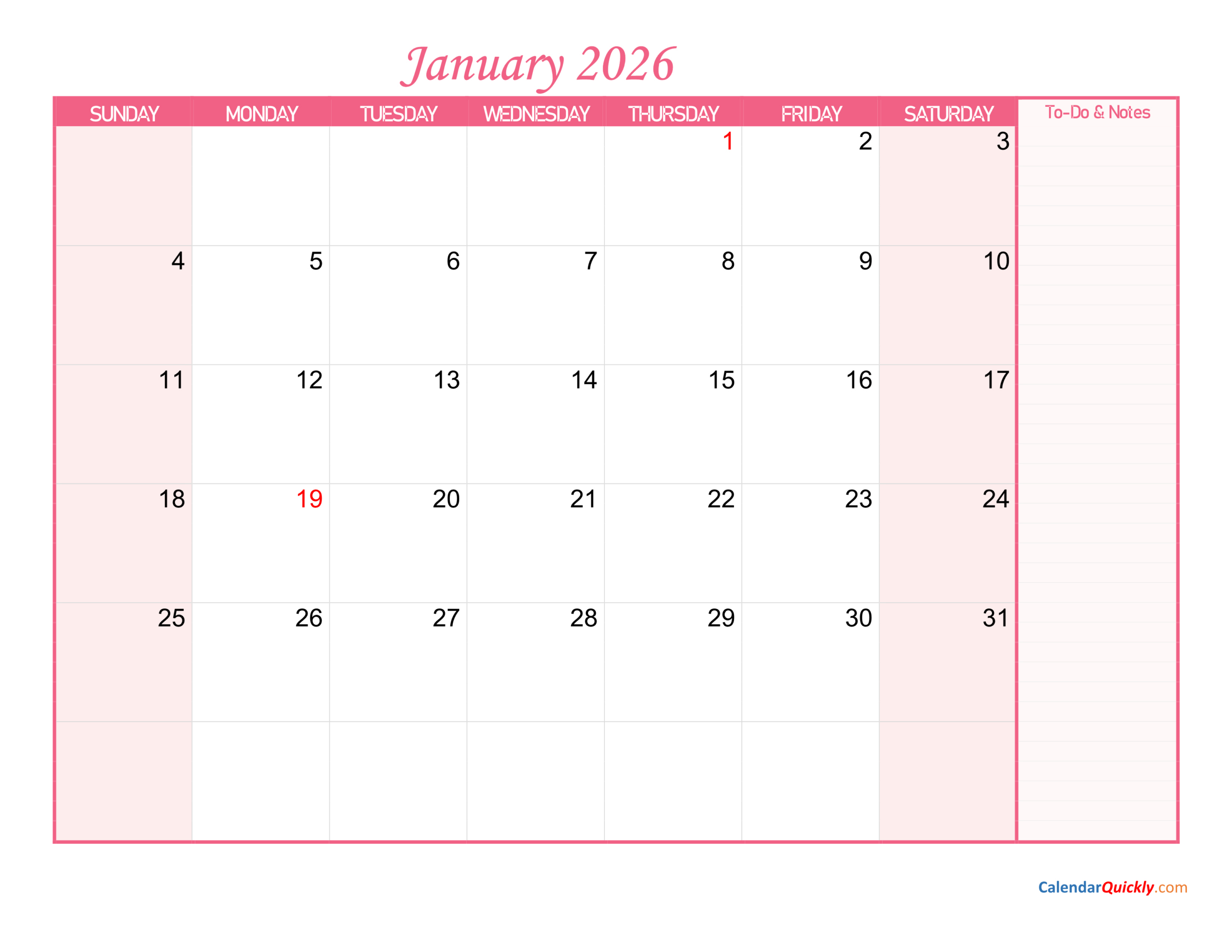 January Calendar 2026 With Notes | Calendar Quickly pertaining to January 2026 Calendar Printable Pink