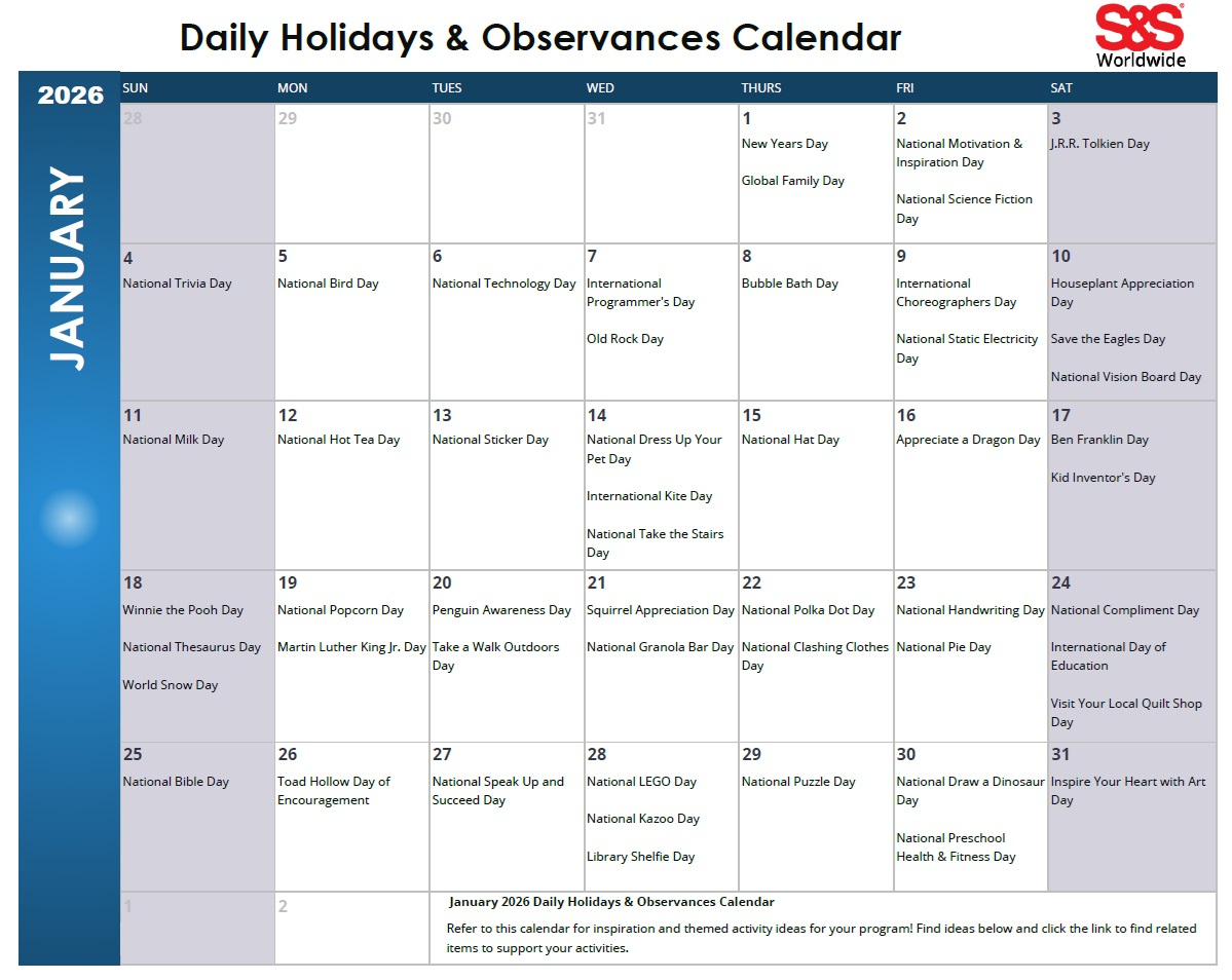 January Daily Holidays & Observances Printable Calendar - S&S Blog regarding January 2026 Daily Calendar Printable