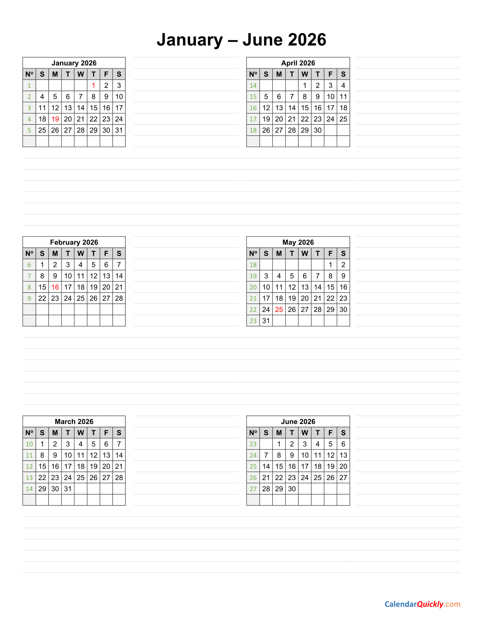 January To June 2026 Calendar Vertical | Calendar Quickly in January To June 2026 Calendar Printable