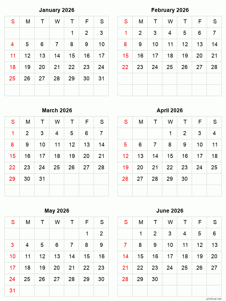 January To June 2026 Printable Calendar | Six Months Per Page for January To June 2026 Calendar Printable
