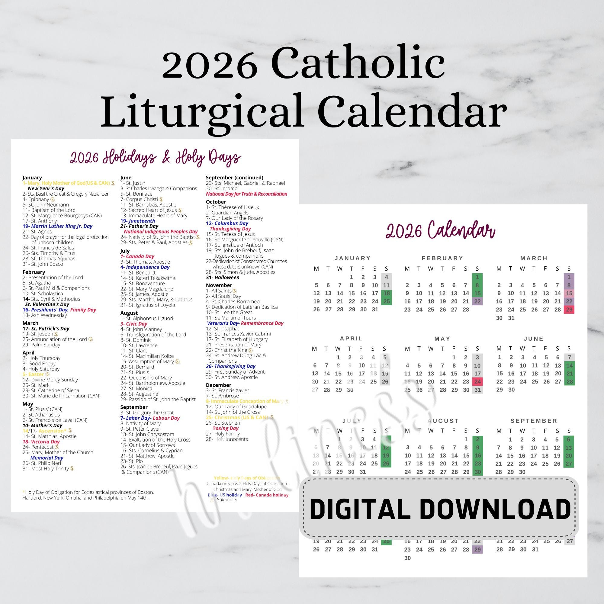 Liturgical Feast Days Calendar Printable - Etsy throughout Nyc Catholic School Calendar 2026 to 2027