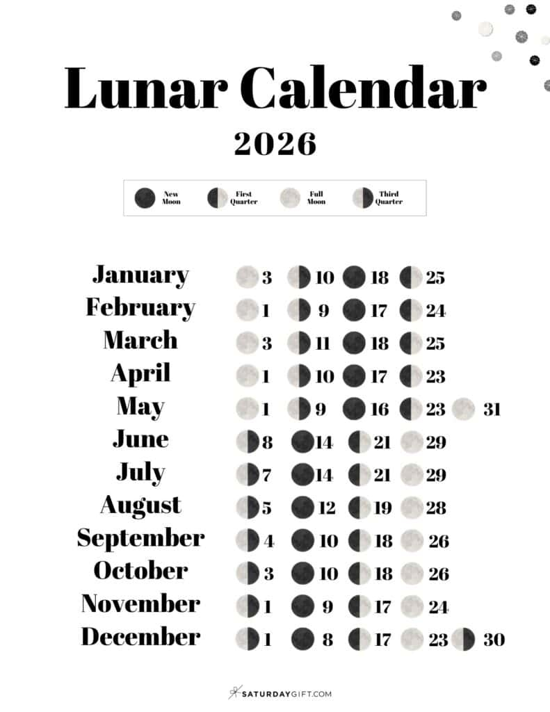 Lunar Calendar 2026 - 12 Moon Phase Calendar Printables in Moon Phase Calendar 2026 February