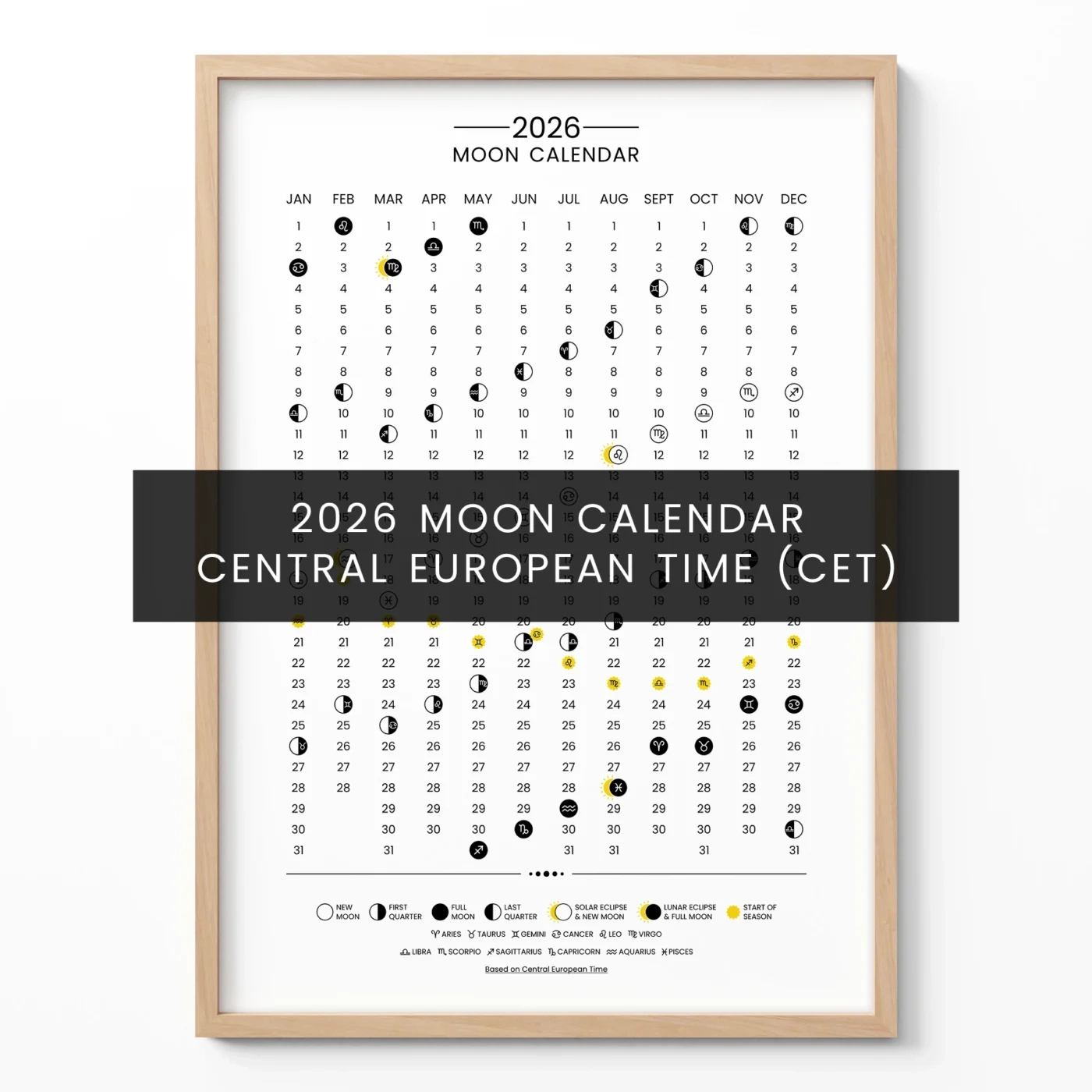 Lunar Calendar 2026 Poster – Moon Phases Wall Art (Cet) in Moon Phase Calendar 2026