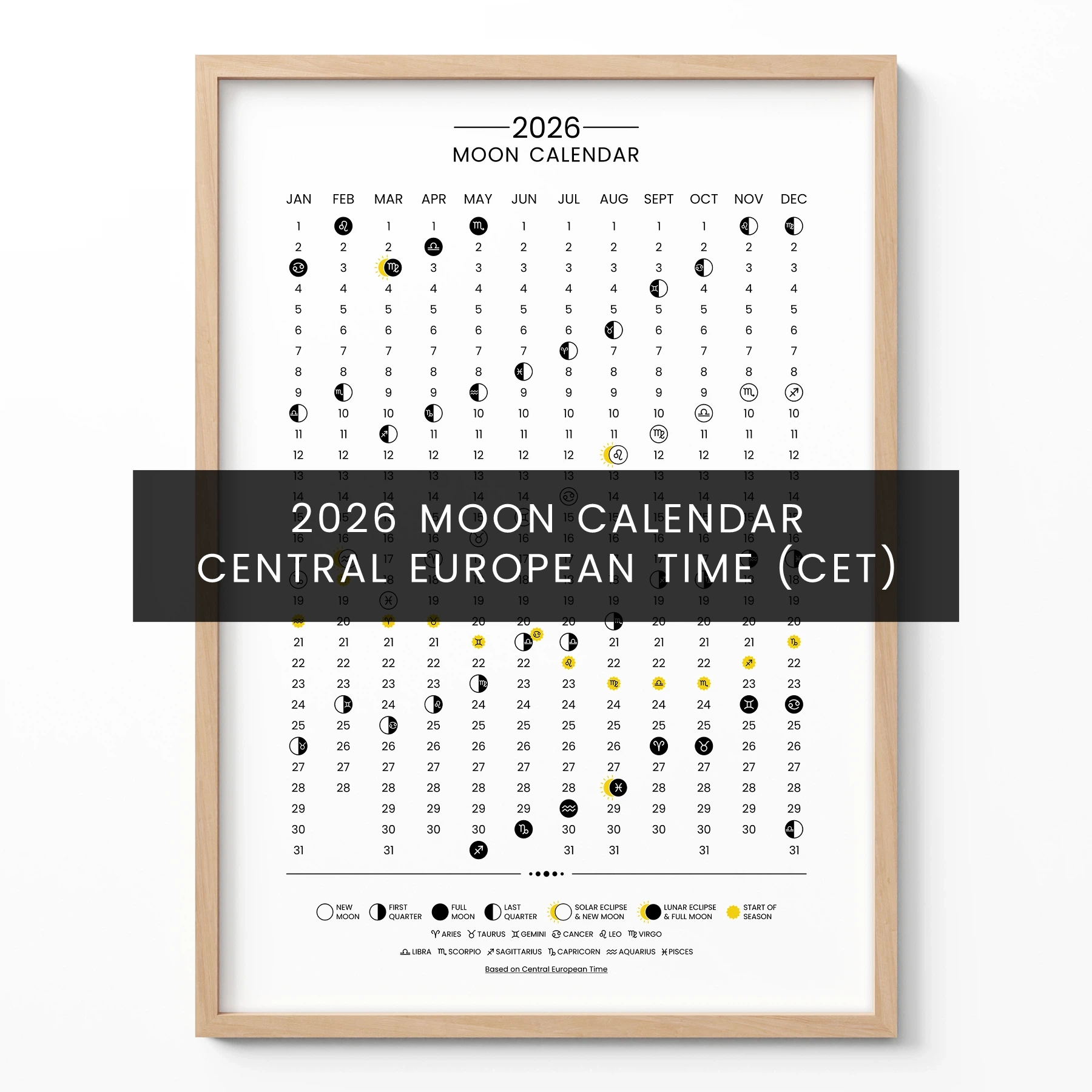 Lunar Calendar 2026 Poster – Moon Phases Wall Art (Cet) pertaining to New Moon and Full Moon Calendar 2026
