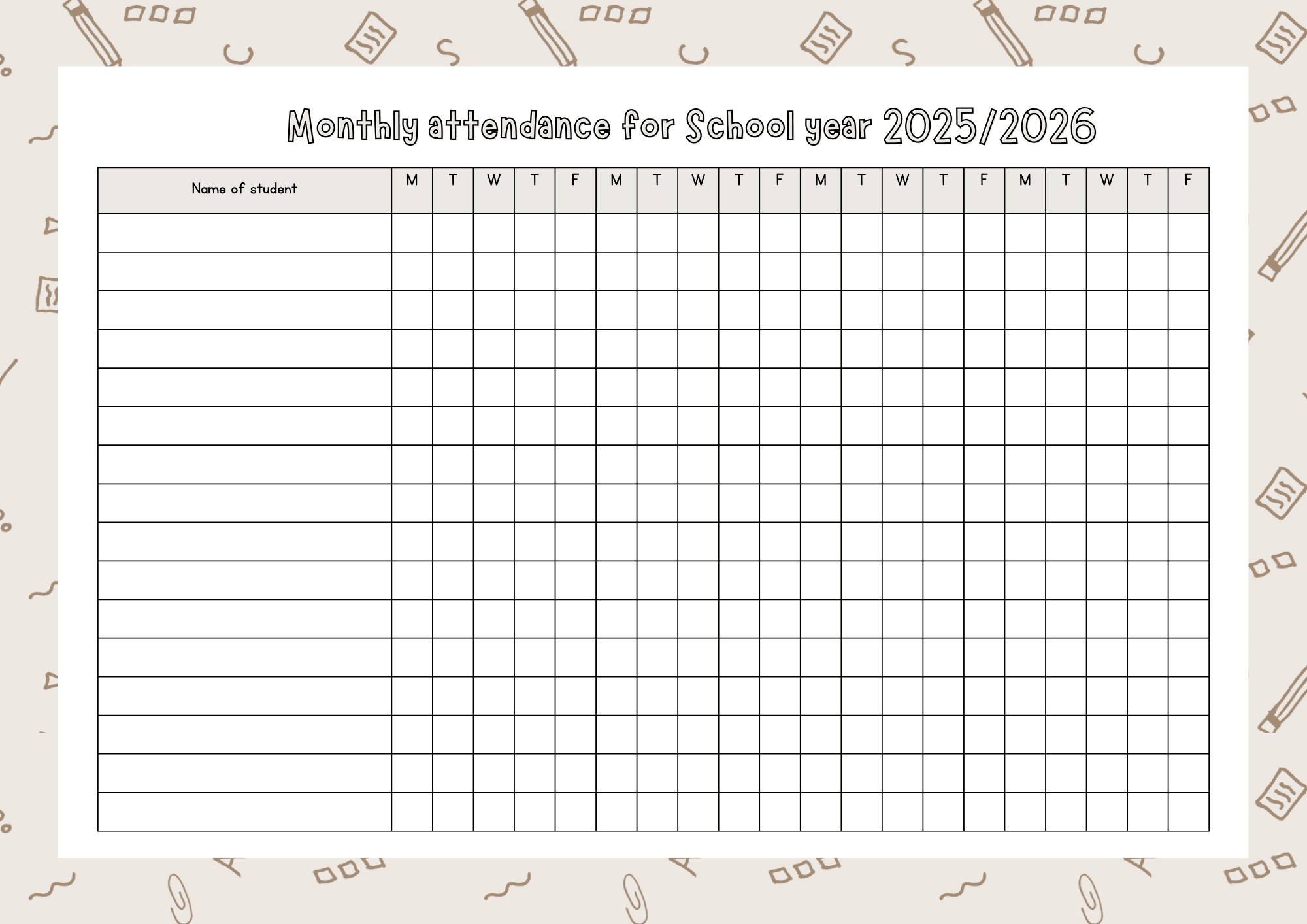 Monthly Attendance List For School Year 2025/2026 within 2026 Attendance Sheets