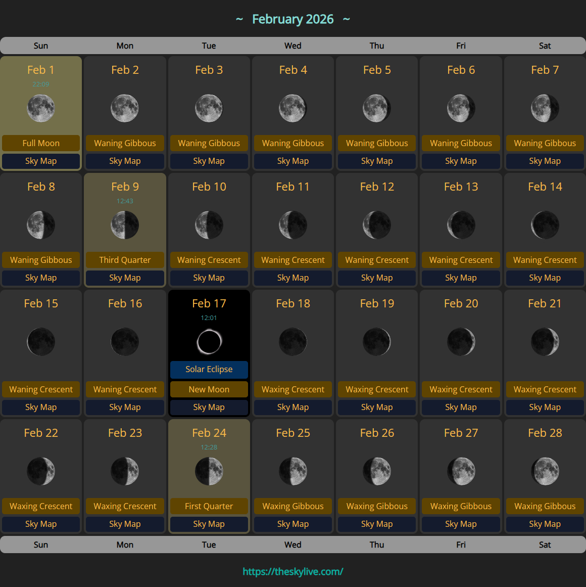 Moon Calendar: February 2026 | Theskylive intended for Moon Phase Calendar 2026 February