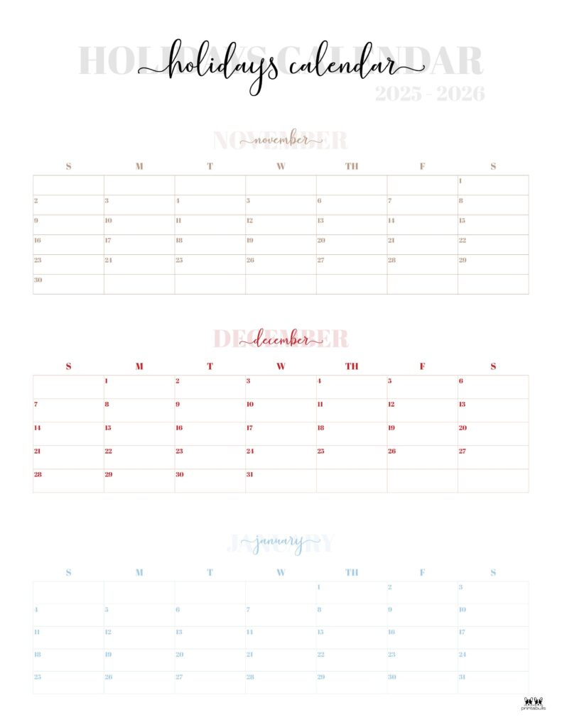 November December 2025 Calendars - 28 Printables | Printabulls inside Printable 3 Month Calendar November December 2025 - January 2026