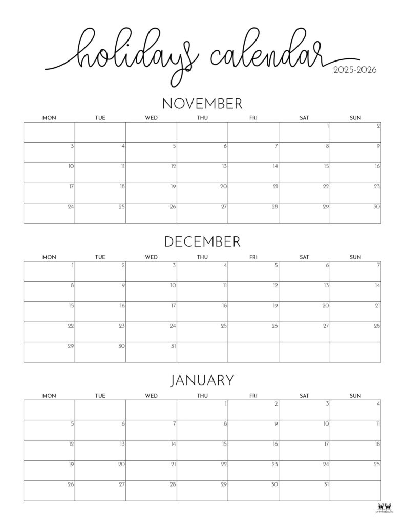 November December 2025 Calendars - 28 Printables | Printabulls regarding Printable 3 Month Calendar November December 2025 - January 2026